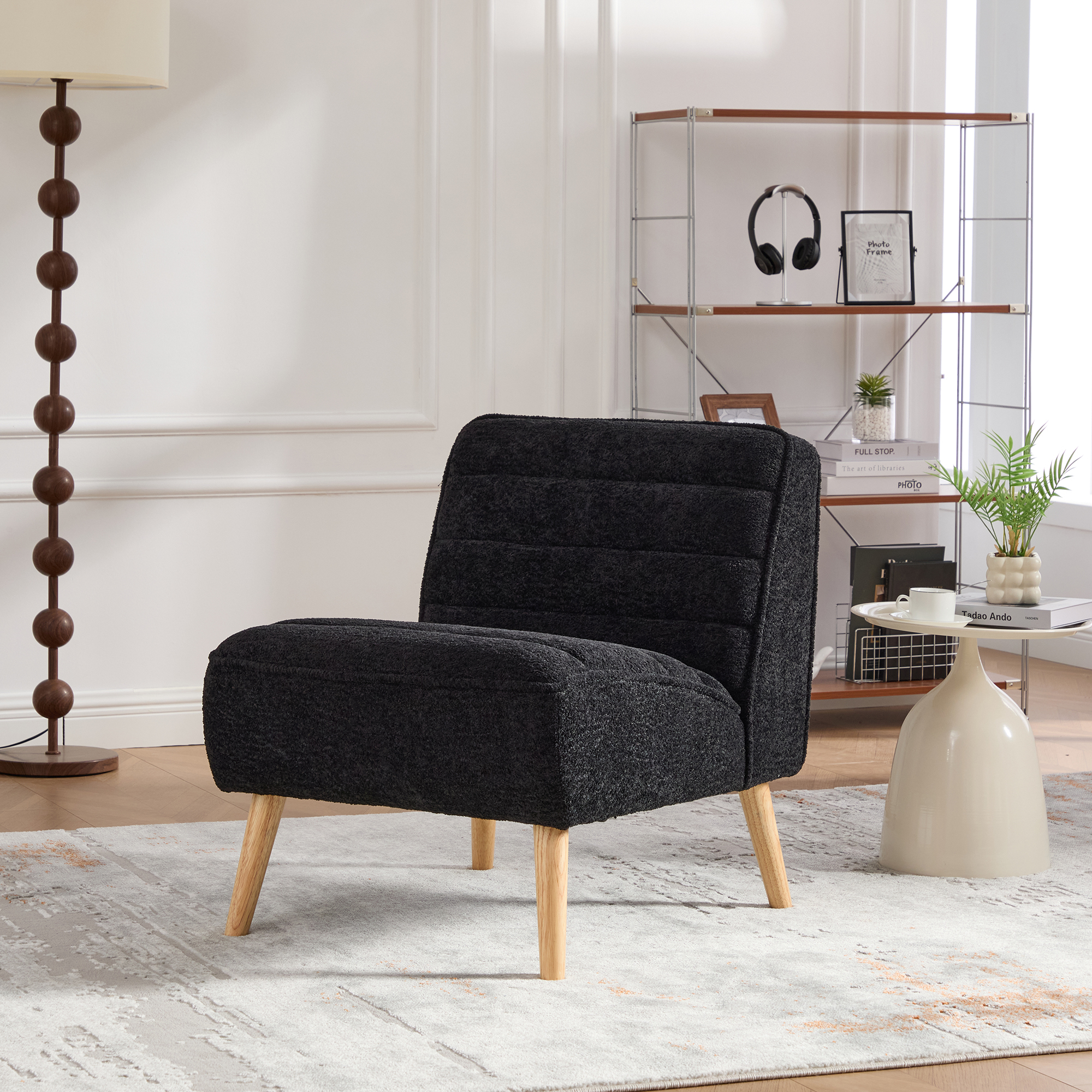 Anmytek 24.4 Inch Wide Modern Chenille Armless Accent Chair with Rubber Wood Legs Black
