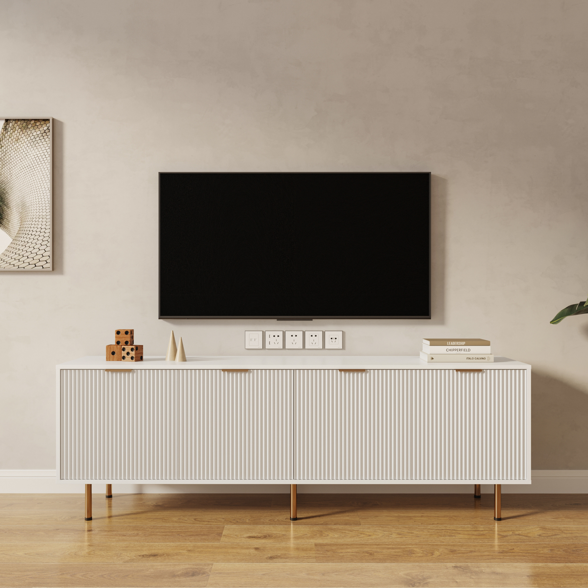 Anmytek Modern Warm White TV Stand for 80 Inch TV for Living Room Bedroom