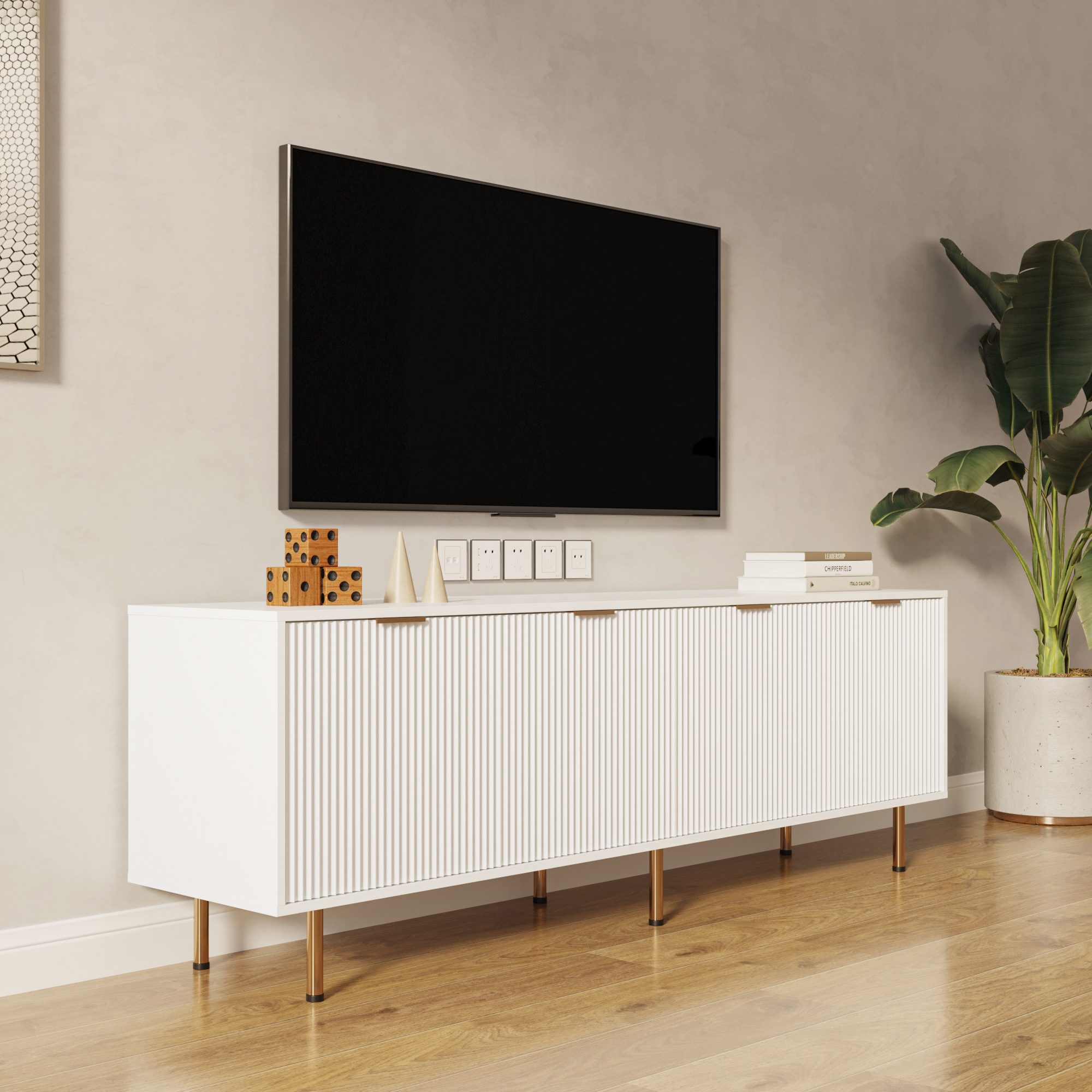 Anmytek Modern Warm White TV Stand for 80 Inch TV for Living Room Bedroom