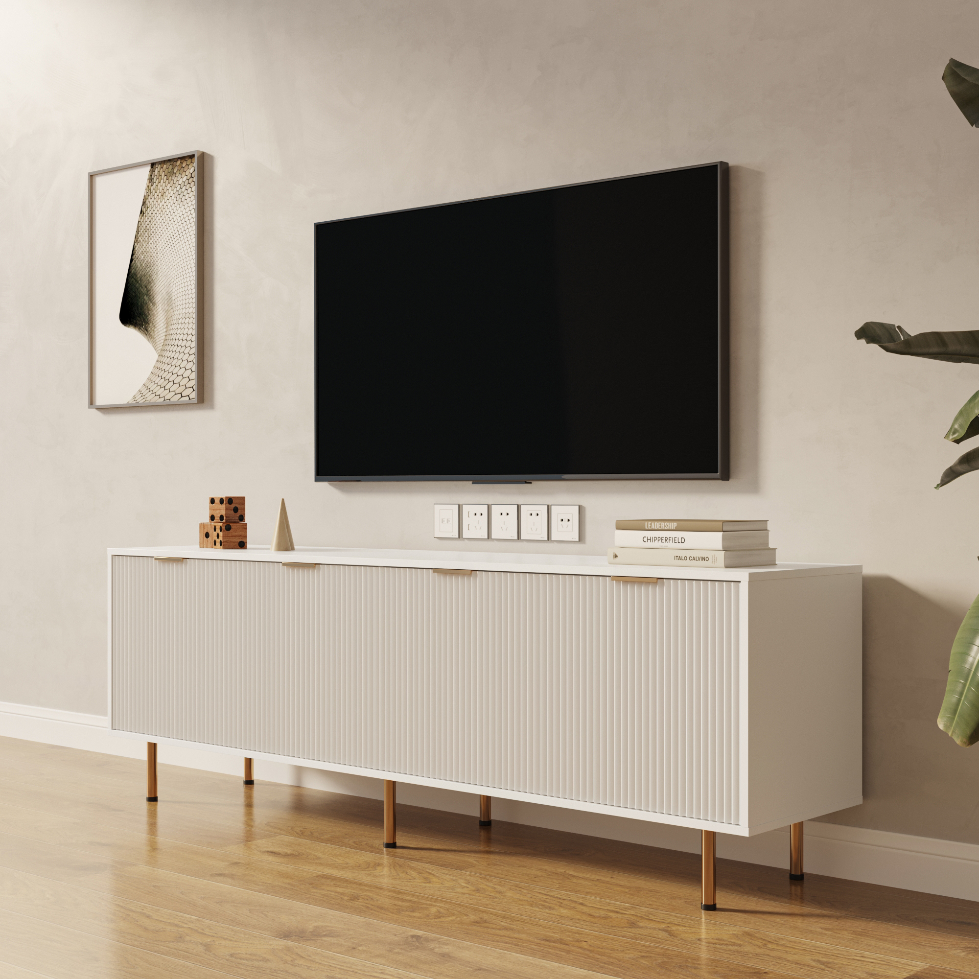 Anmytek Modern Warm White TV Stand for 80 Inch TV for Living Room Bedroom