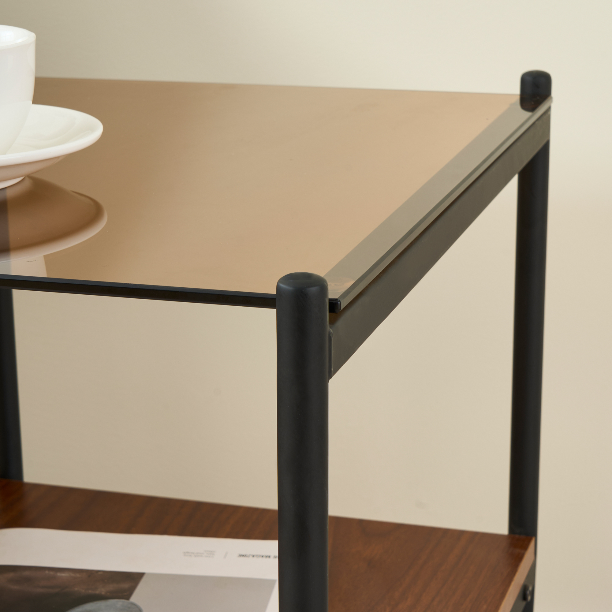 Anmytek Set of 2 Modern Rectangle End Tables Tempered Brown Glass Tabletop with MDF Layer for Living Room
