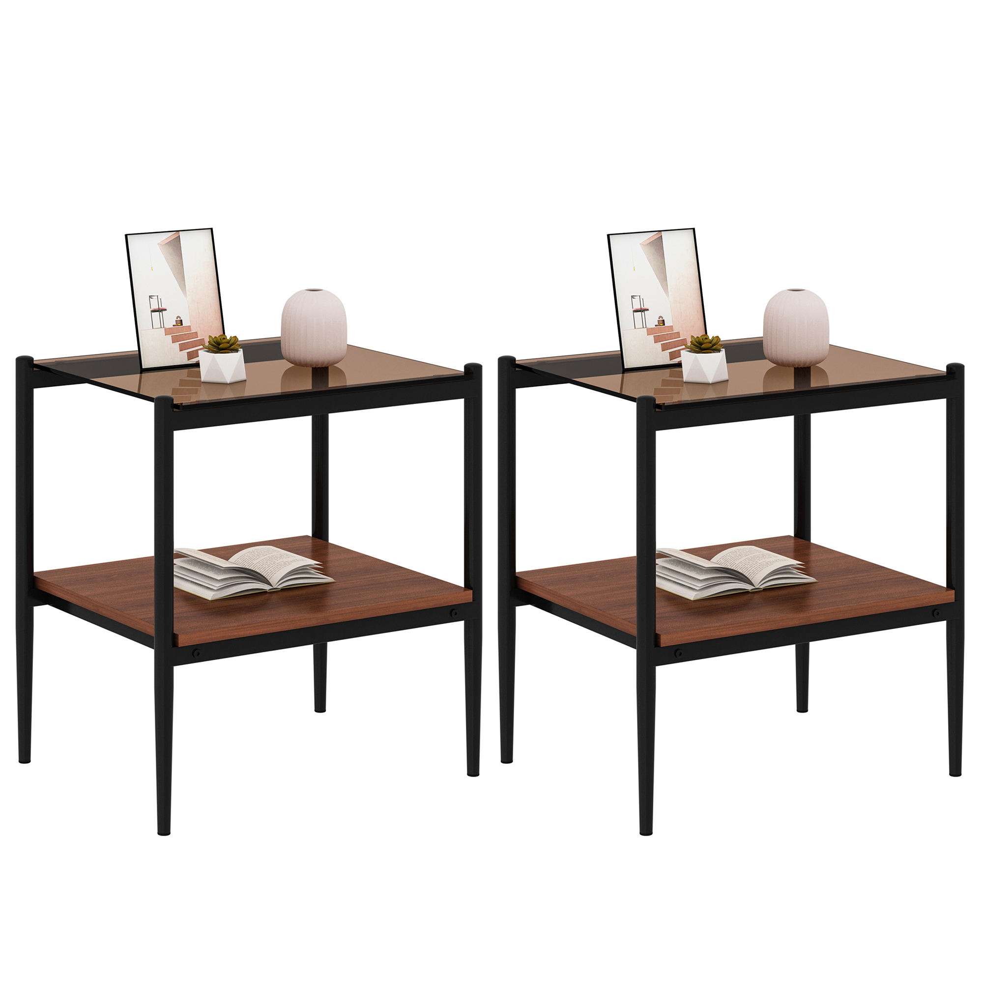 Anmytek Set of 2 Modern Rectangle End Tables Tempered Brown Glass Tabletop with MDF Layer for Living Room