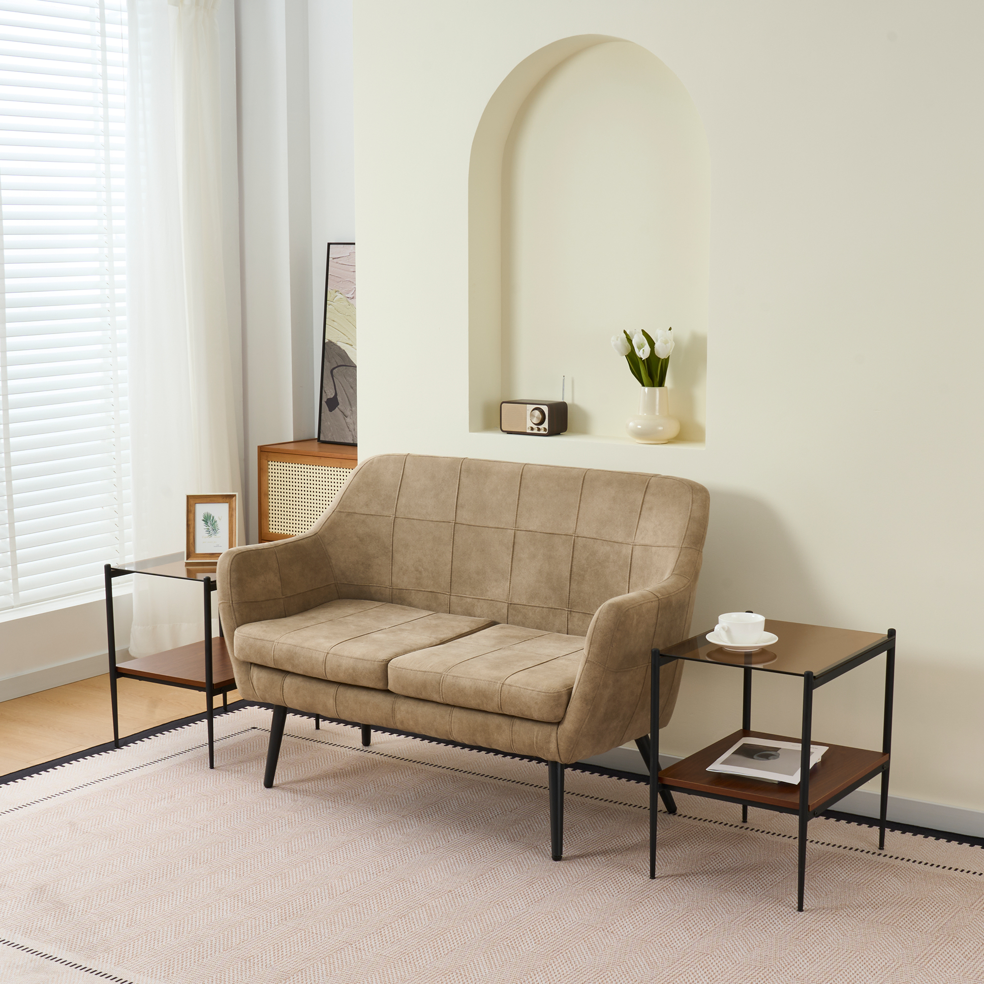 Anmytek Set of 2 Modern Rectangle End Tables Tempered Brown Glass Tabletop with MDF Layer for Living Room