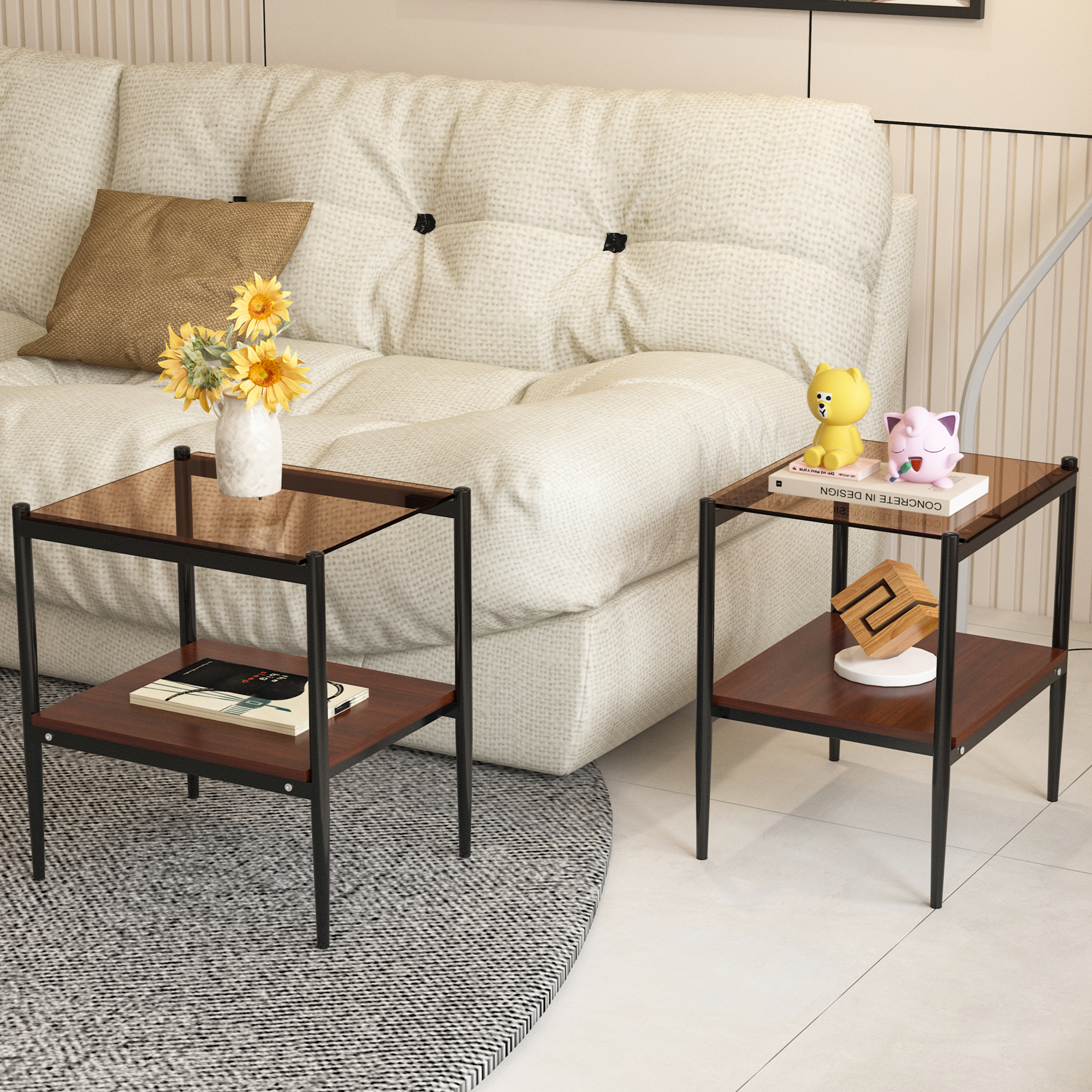 Anmytek Set of 2 Modern Rectangle End Tables Tempered Brown Glass Tabletop with MDF Layer for Living Room