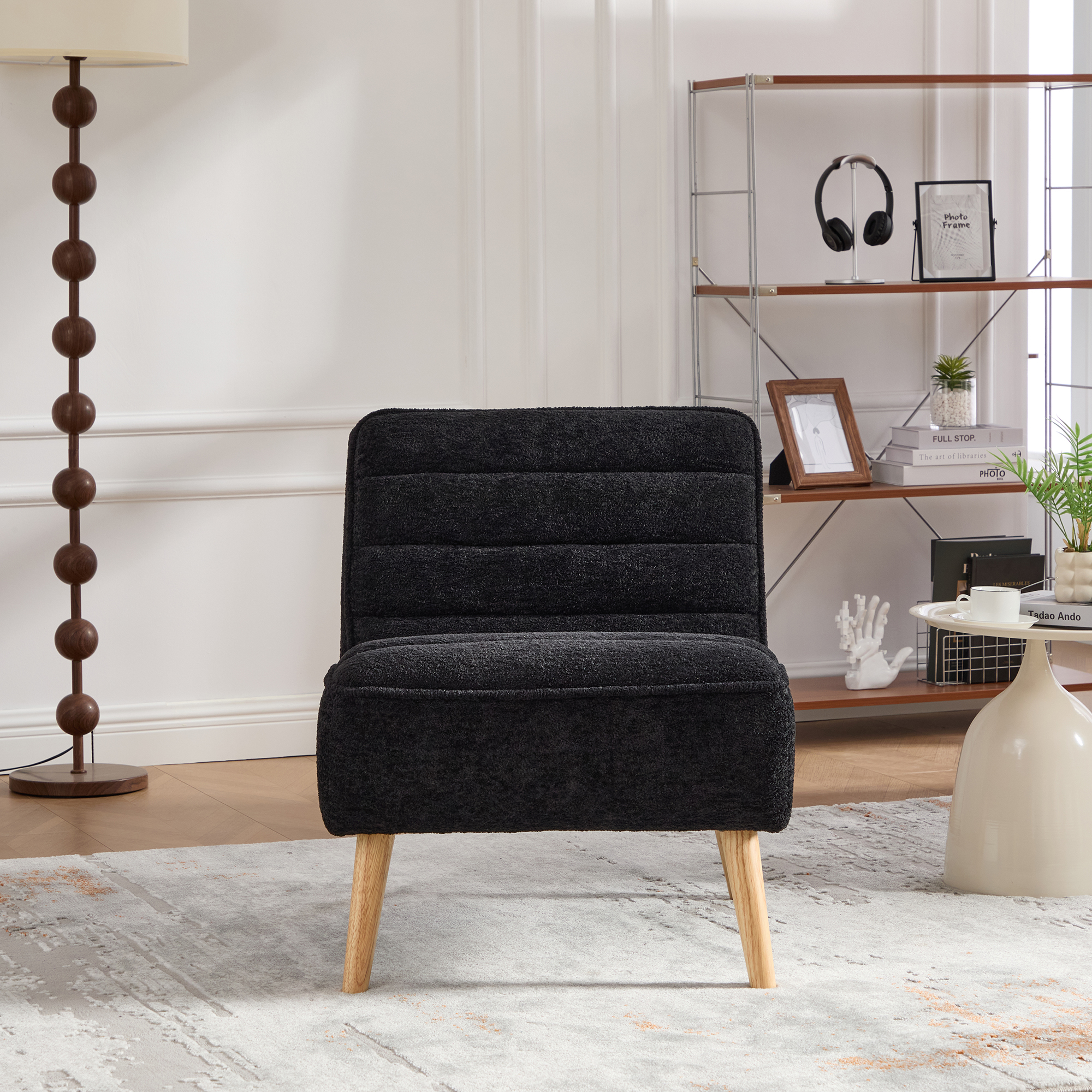 Anmytek 24.4 Inch Wide Modern Chenille Armless Accent Chair with Rubber Wood Legs Black