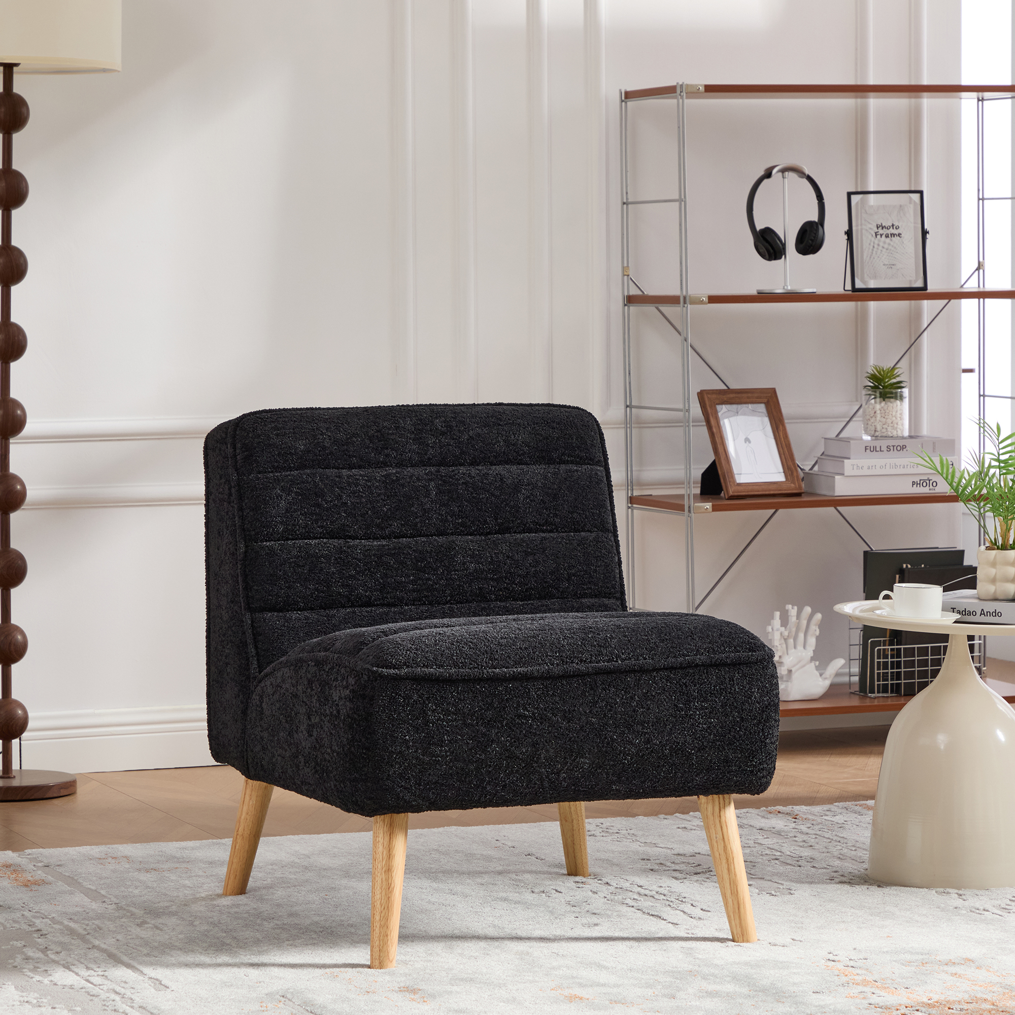 Anmytek 24.4 Inch Wide Modern Chenille Armless Accent Chair with Rubber Wood Legs Black