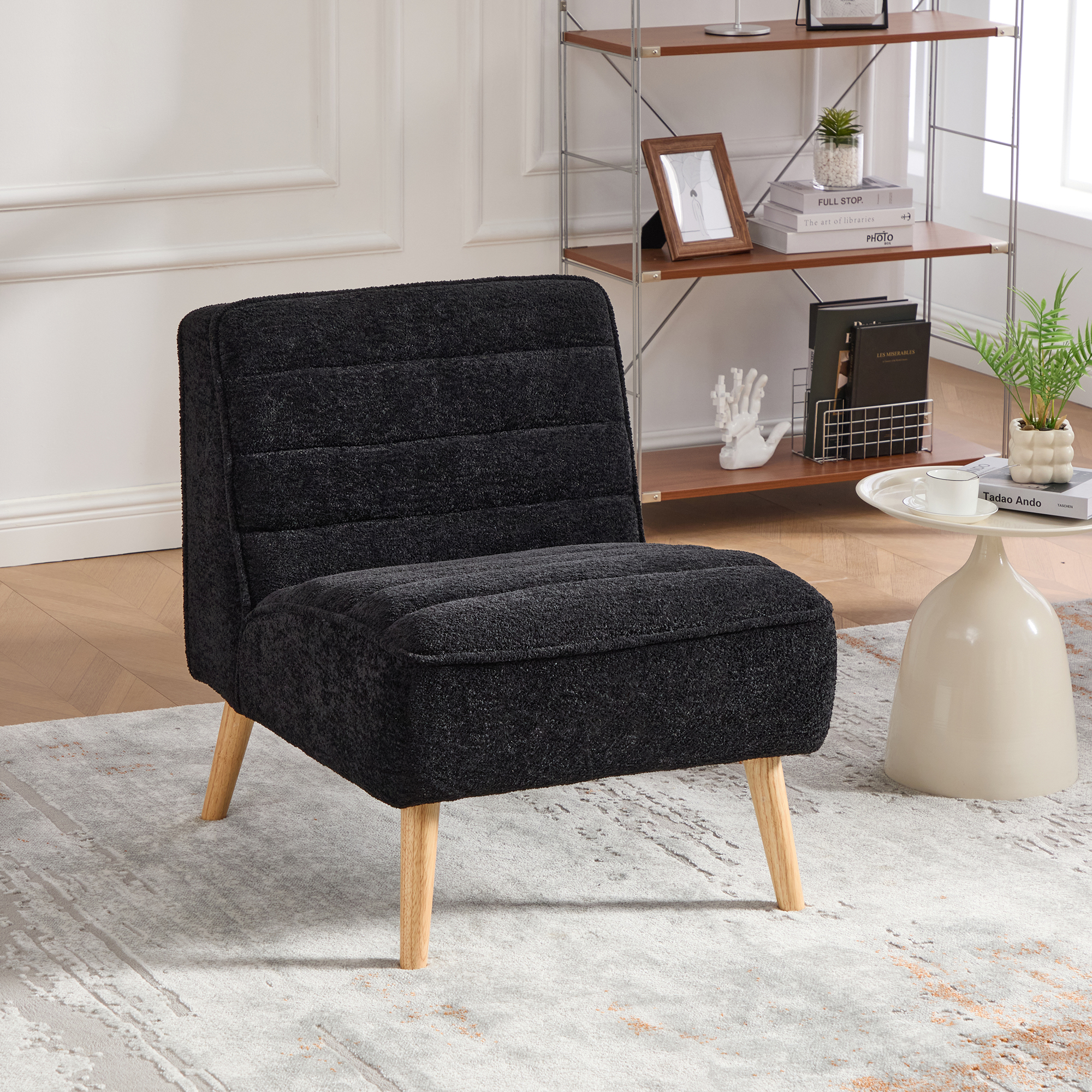 Anmytek 24.4 Inch Wide Modern Chenille Armless Accent Chair with Rubber Wood Legs Black