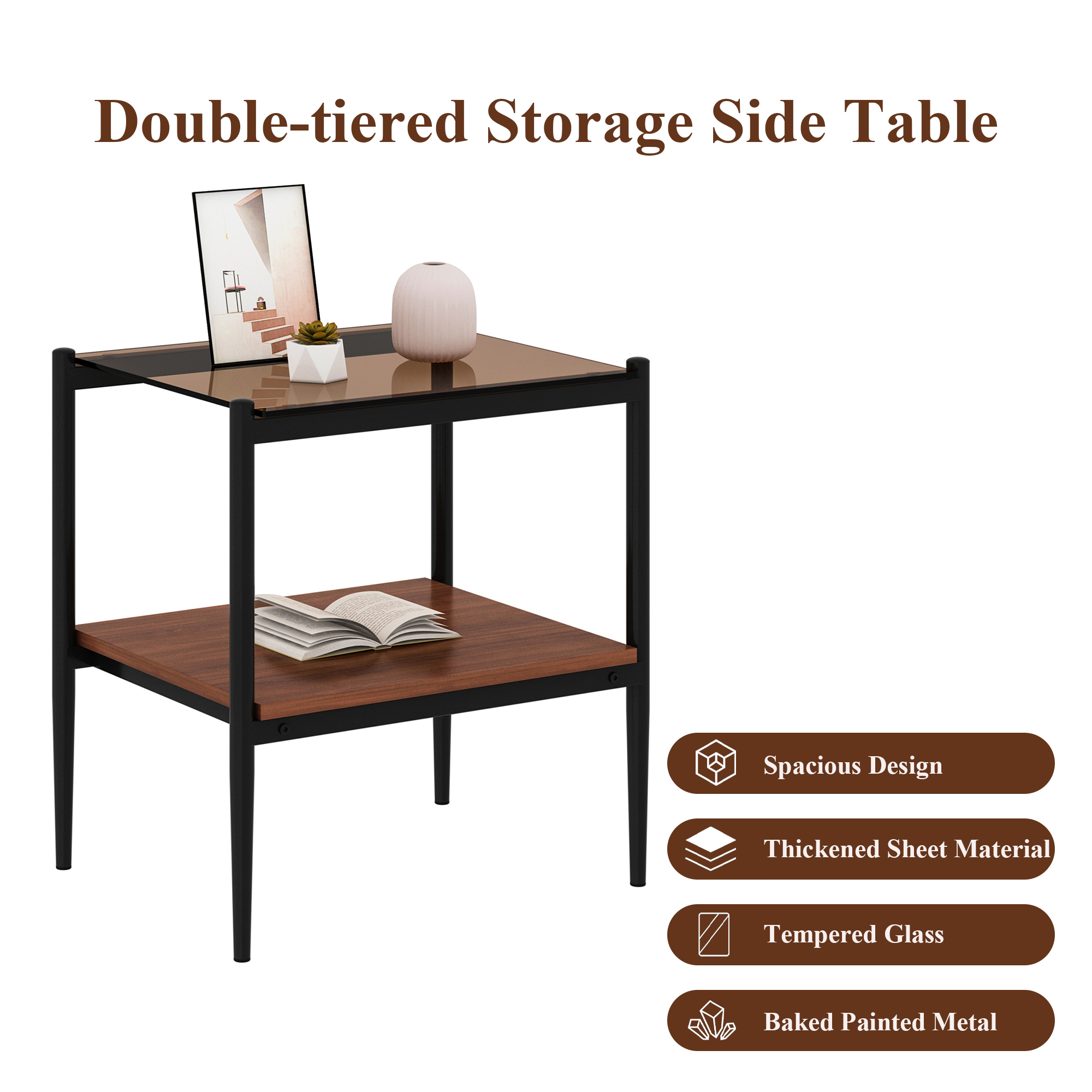 Anmytek Set of 2 Modern Rectangle End Tables Tempered Brown Glass Tabletop with MDF Layer for Living Room