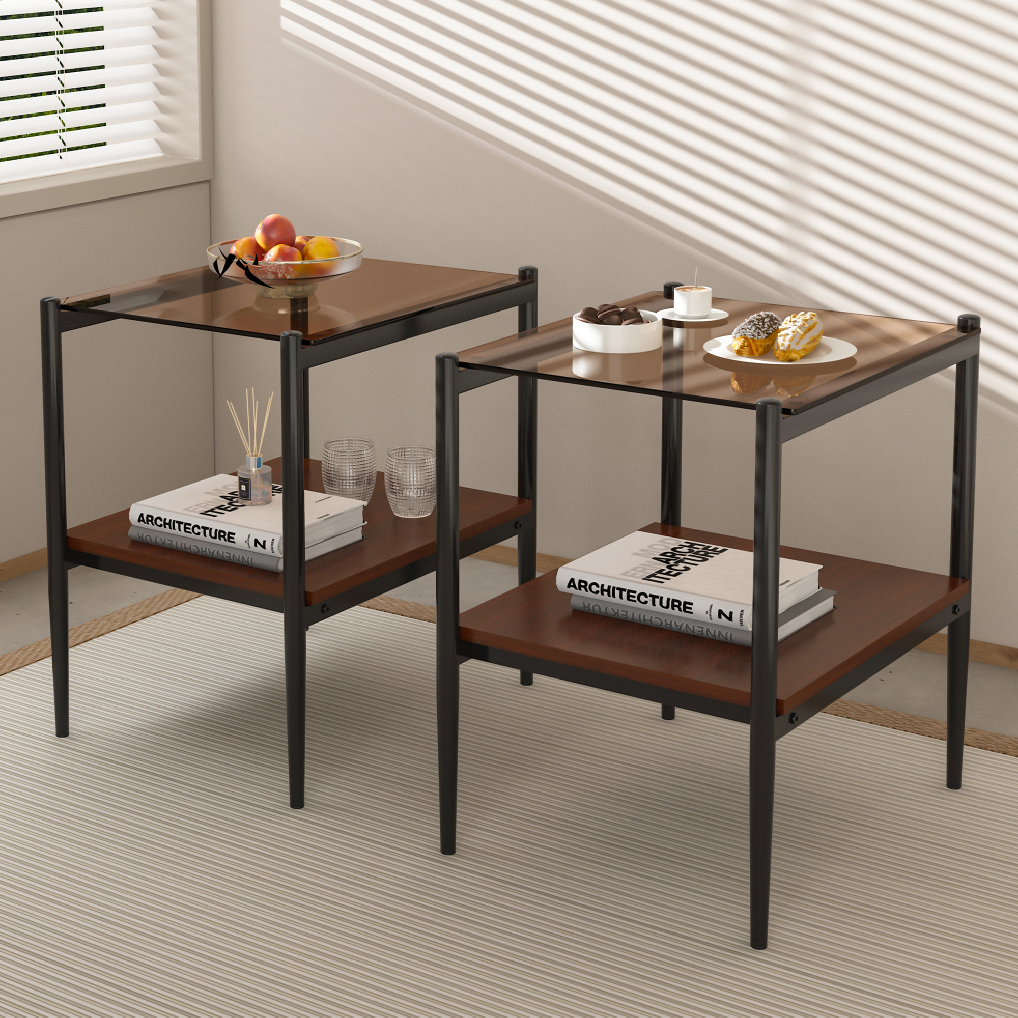 Anmytek Set of 2 Modern Rectangle End Tables Tempered Brown Glass Tabletop with MDF Layer for Living Room
