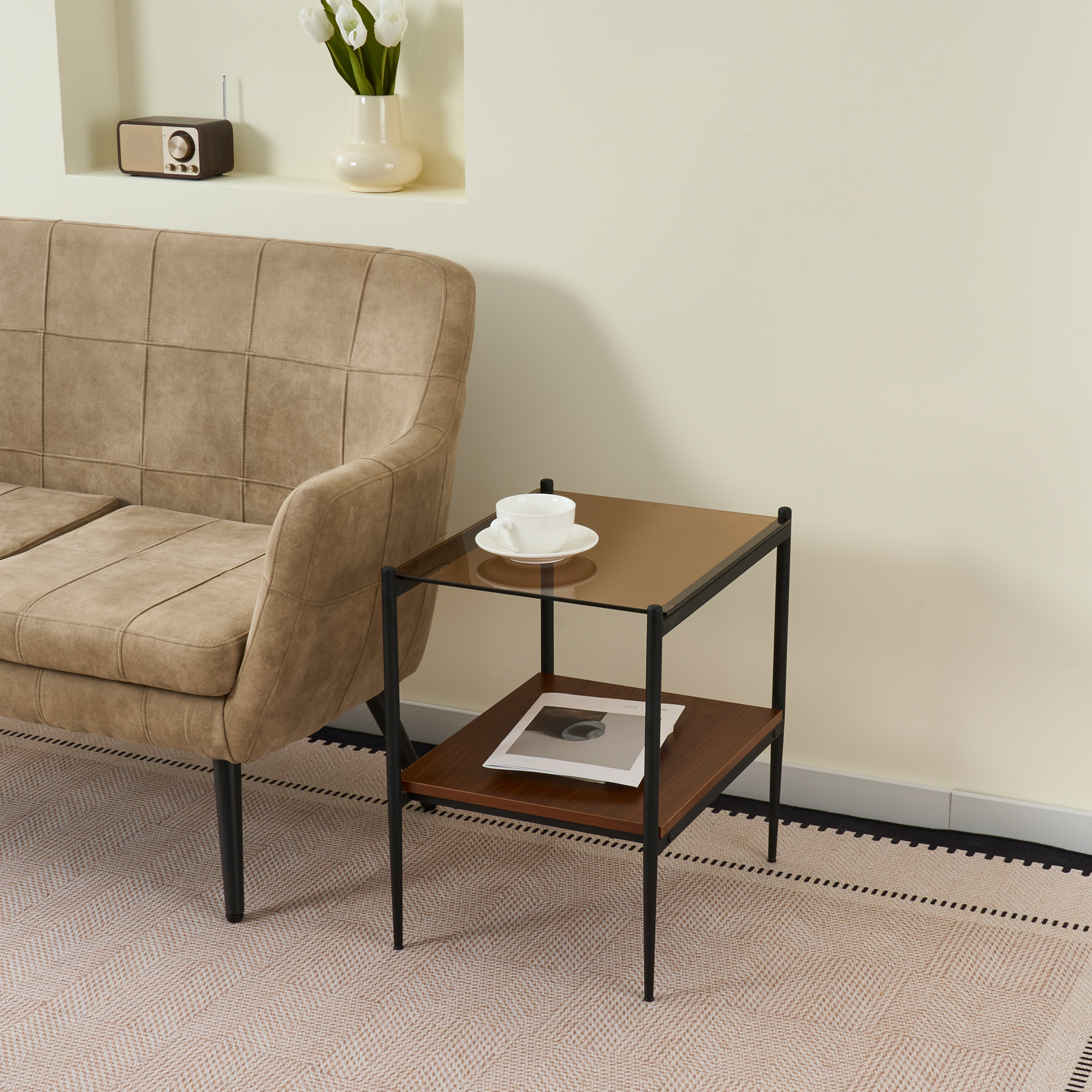 Anmytek Set of 2 Modern Rectangle End Tables Tempered Brown Glass Tabletop with MDF Layer for Living Room