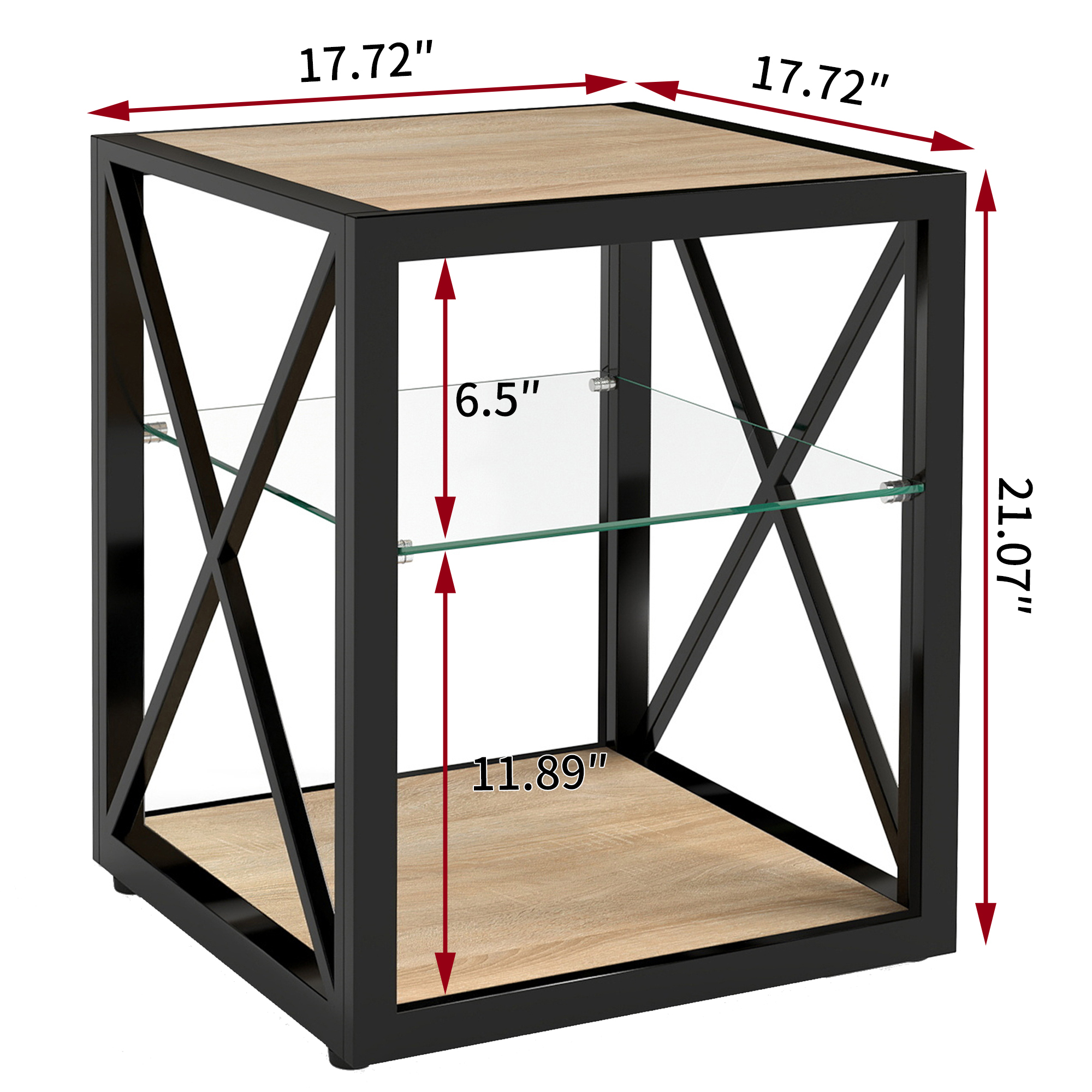 Anmytek Modern Industrial End Table Nightstand Tempered Glass Natural Wood MDF Top Side Table for Bedroom Living Room Home Furniture