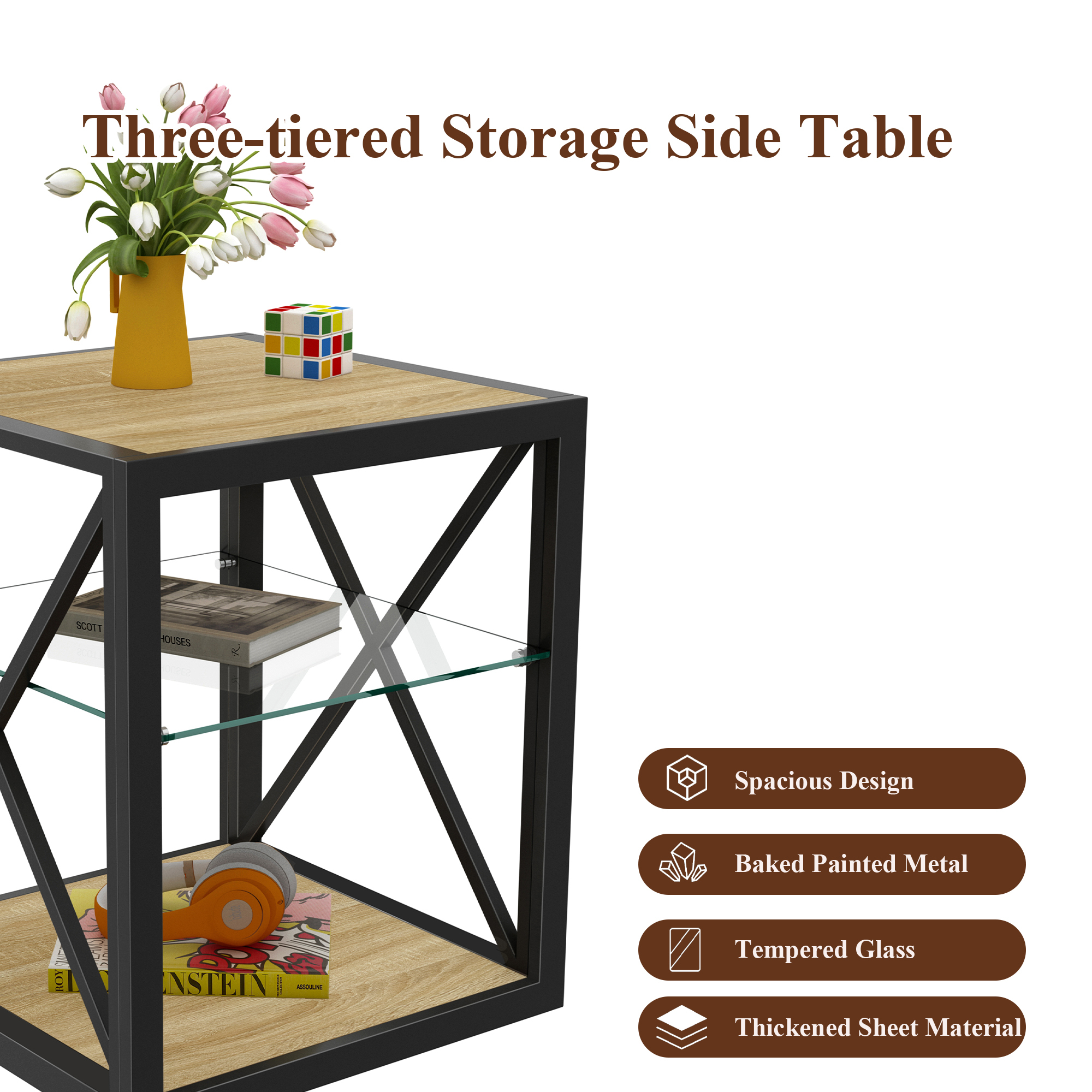Anmytek Modern Industrial End Table Nightstand Tempered Glass Natural Wood MDF Top Side Table for Bedroom Living Room Home Furniture