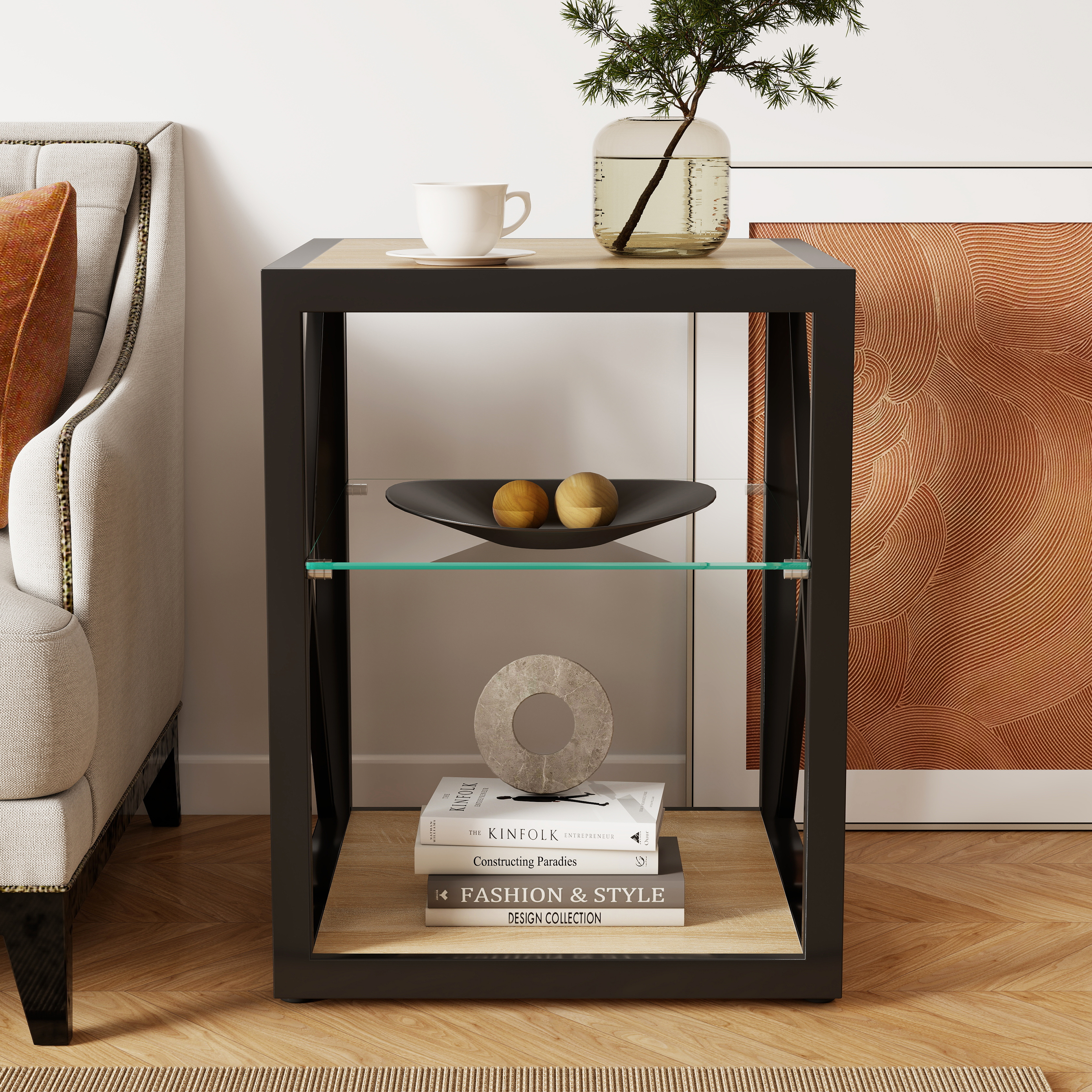 Anmytek Modern Industrial End Table Nightstand Tempered Glass Natural Wood MDF Top Side Table for Bedroom Living Room Home Furniture