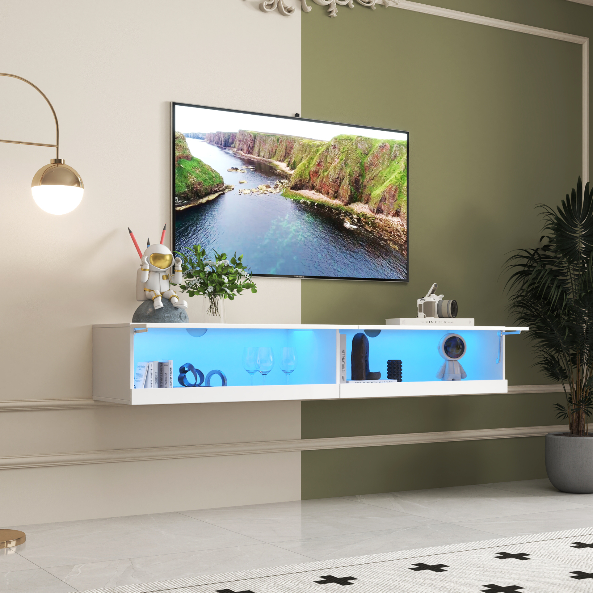 Anmytek 80in Wall Mounted Floating TV Stand 20 Color LED Lights Charging Station Media Entertainment Center