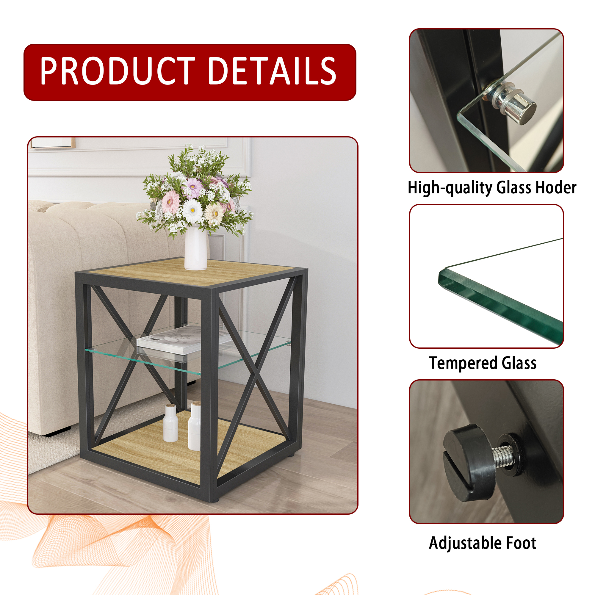 Anmytek Modern Industrial End Table Nightstand Tempered Glass Natural Wood MDF Top Side Table for Bedroom Living Room Home Furniture