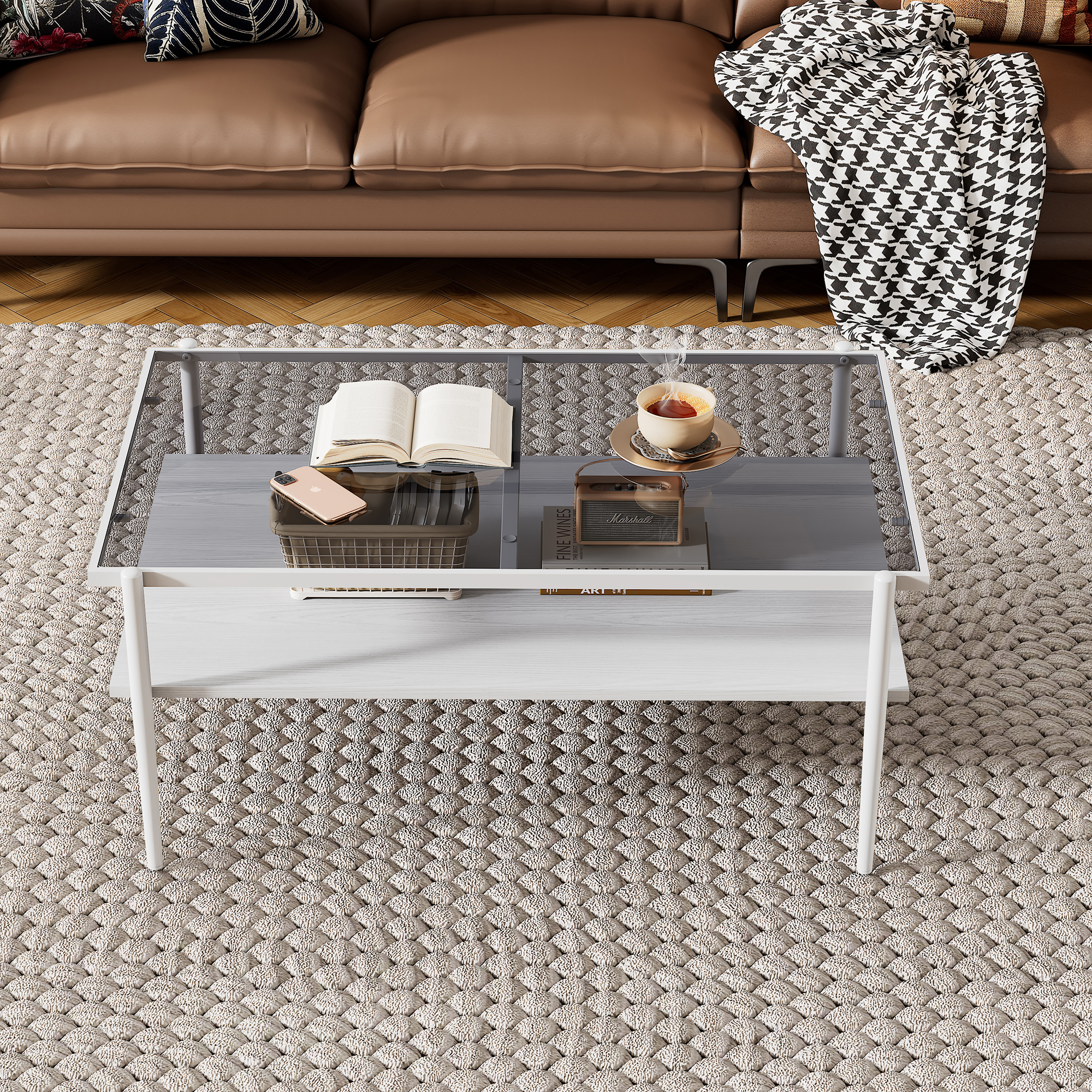 Anmytek Rectangle Coffee Table Gray Tempered Glass Top White Legs Modern Center Table for Living Room Home Furniture