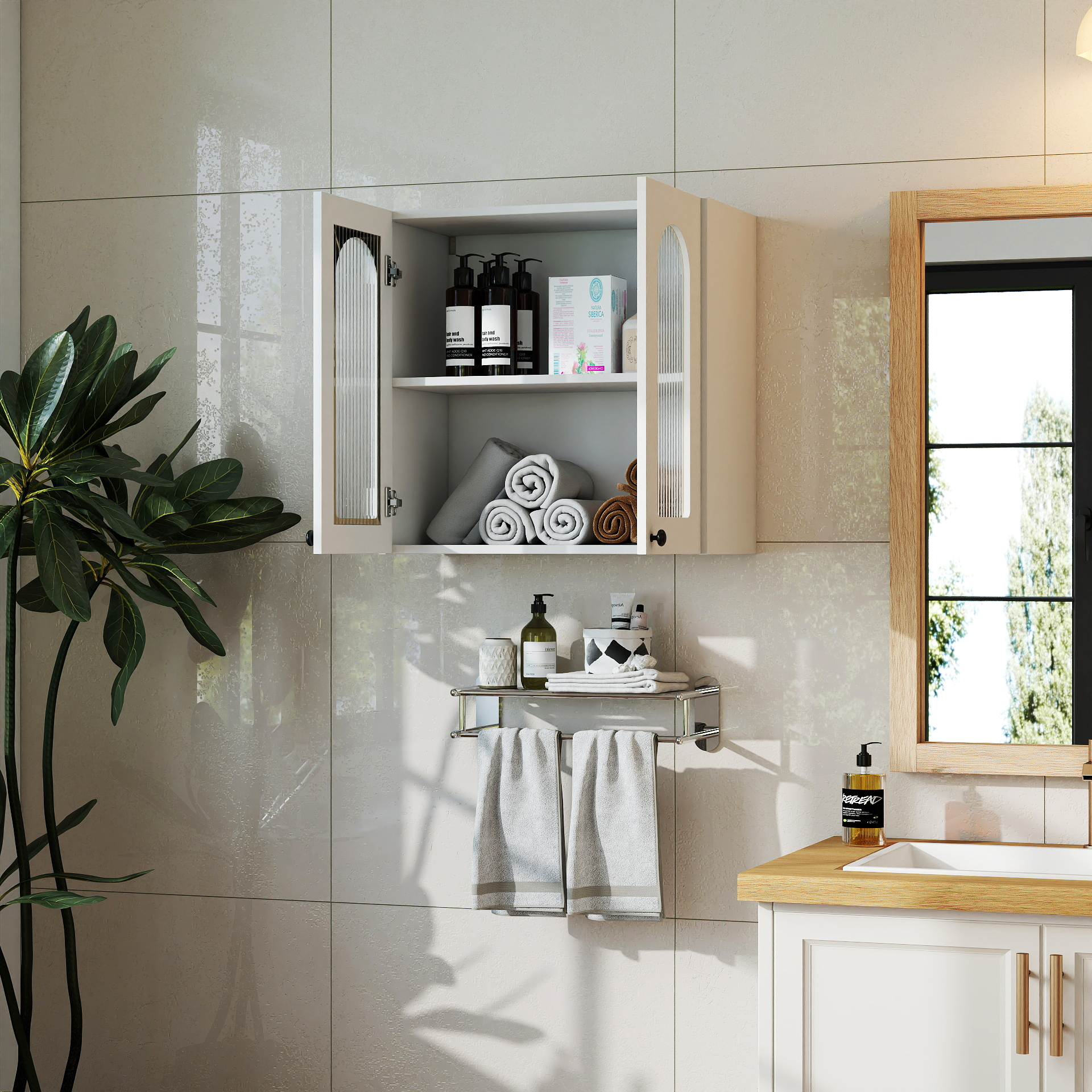 Anmytek Wall Mounted Floating Cabinet Arched Glass Door Display Cabinet Adjustable Shelves for Kitchen Bathroom Living Room Home Storage Furniture