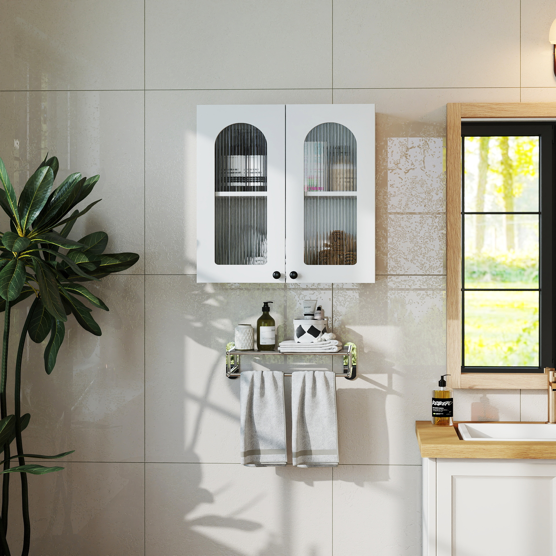 Anmytek Wall Mounted Floating Cabinet Arched Glass Door Display Cabinet Adjustable Shelves for Kitchen Bathroom Living Room Home Storage Furniture