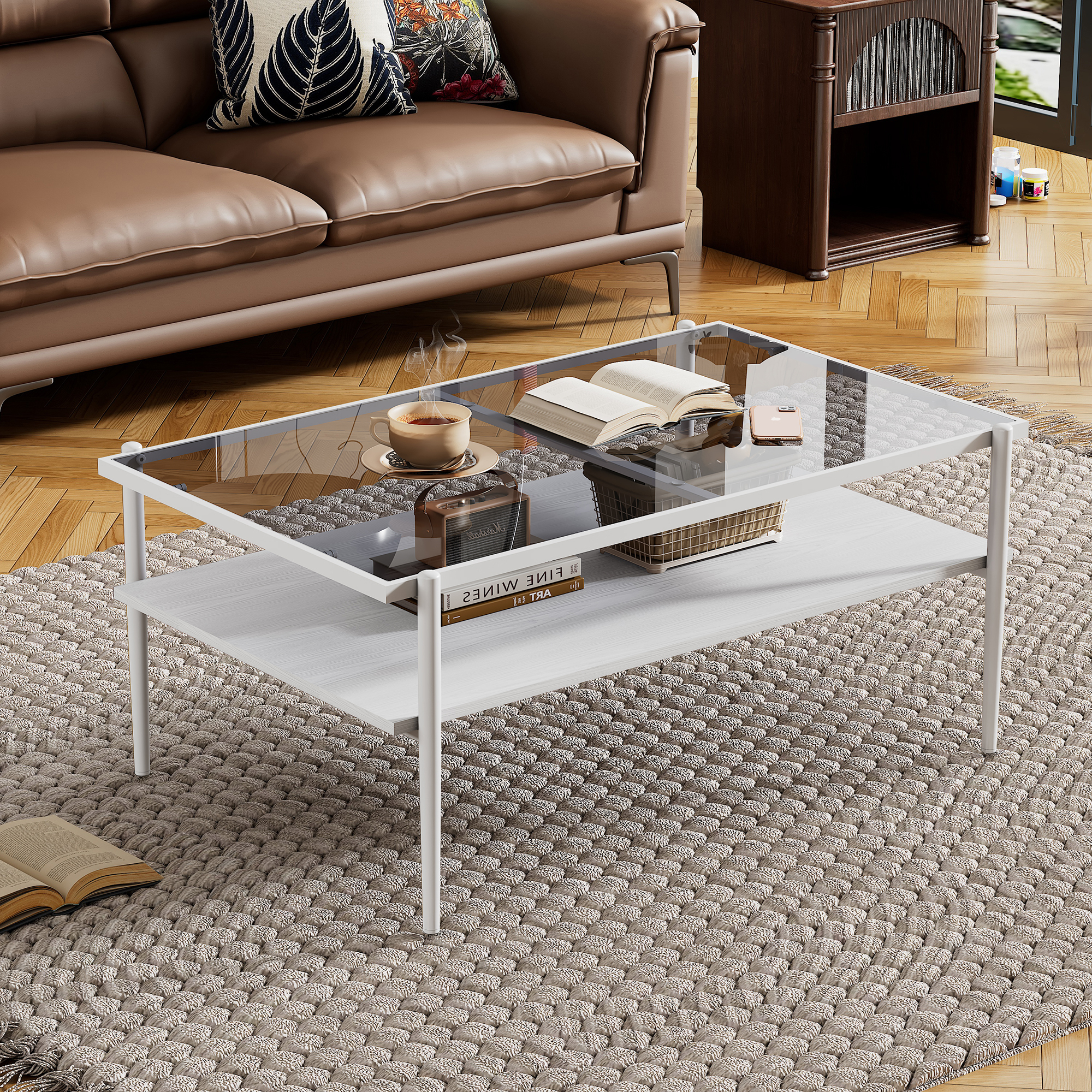 Anmytek Rectangle Coffee Table Gray Tempered Glass Top White Legs Modern Center Table for Living Room Home Furniture