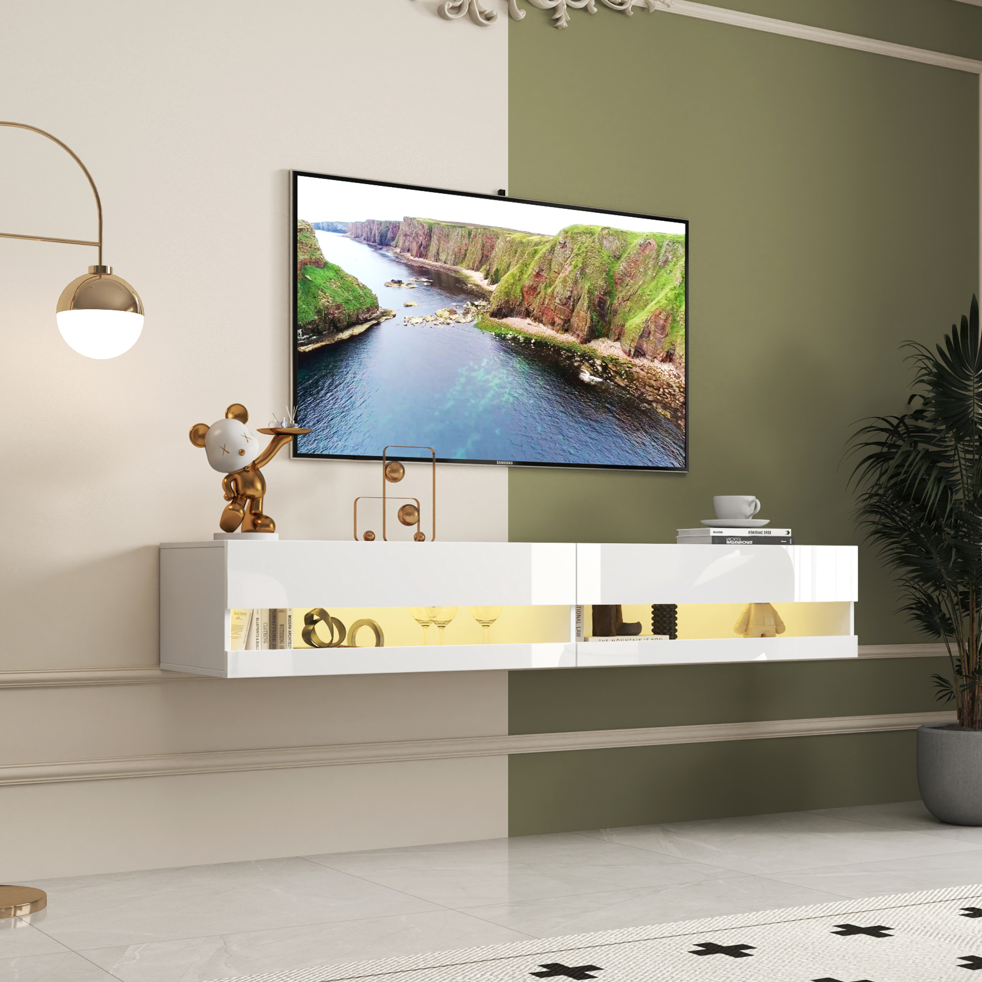 Anmytek 80in Wall Mounted Floating TV Stand 20 Color LED Lights Charging Station Media Entertainment Center