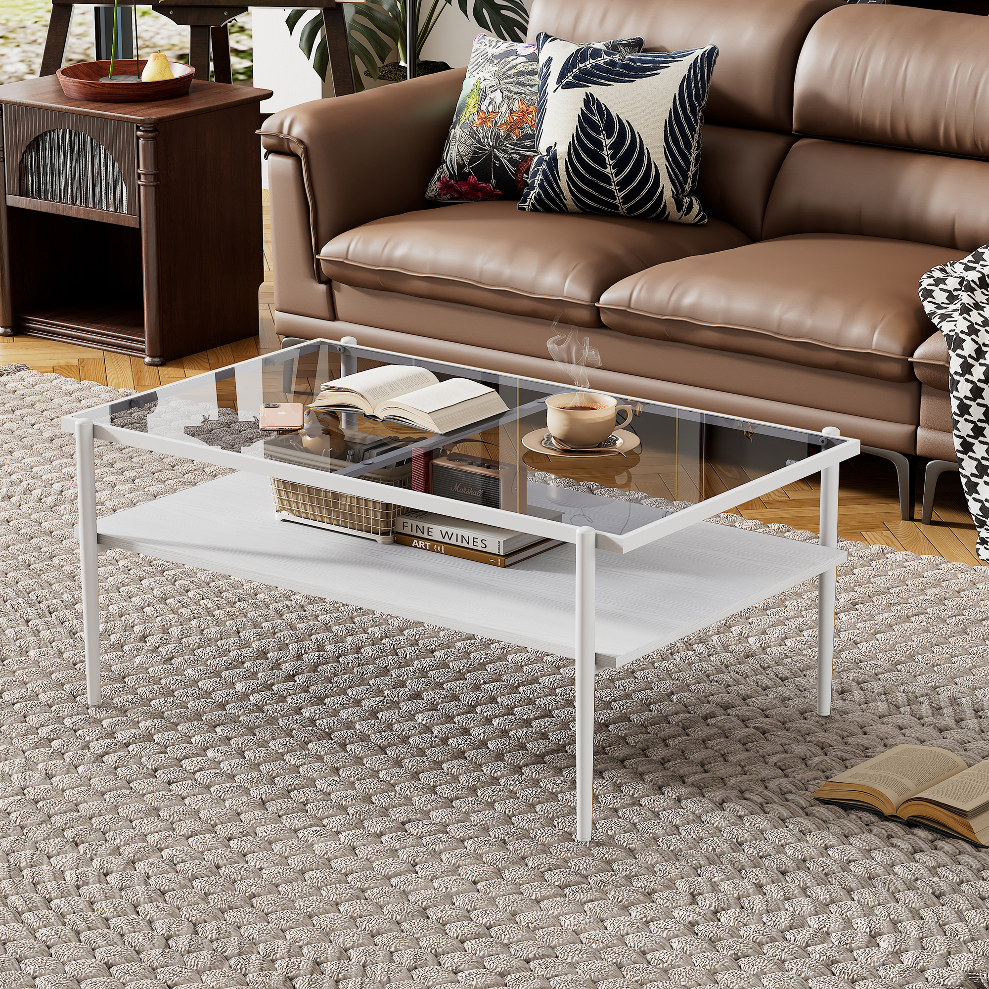 Anmytek Rectangle Coffee Table Gray Tempered Glass Top White Legs Modern Center Table for Living Room Home Furniture