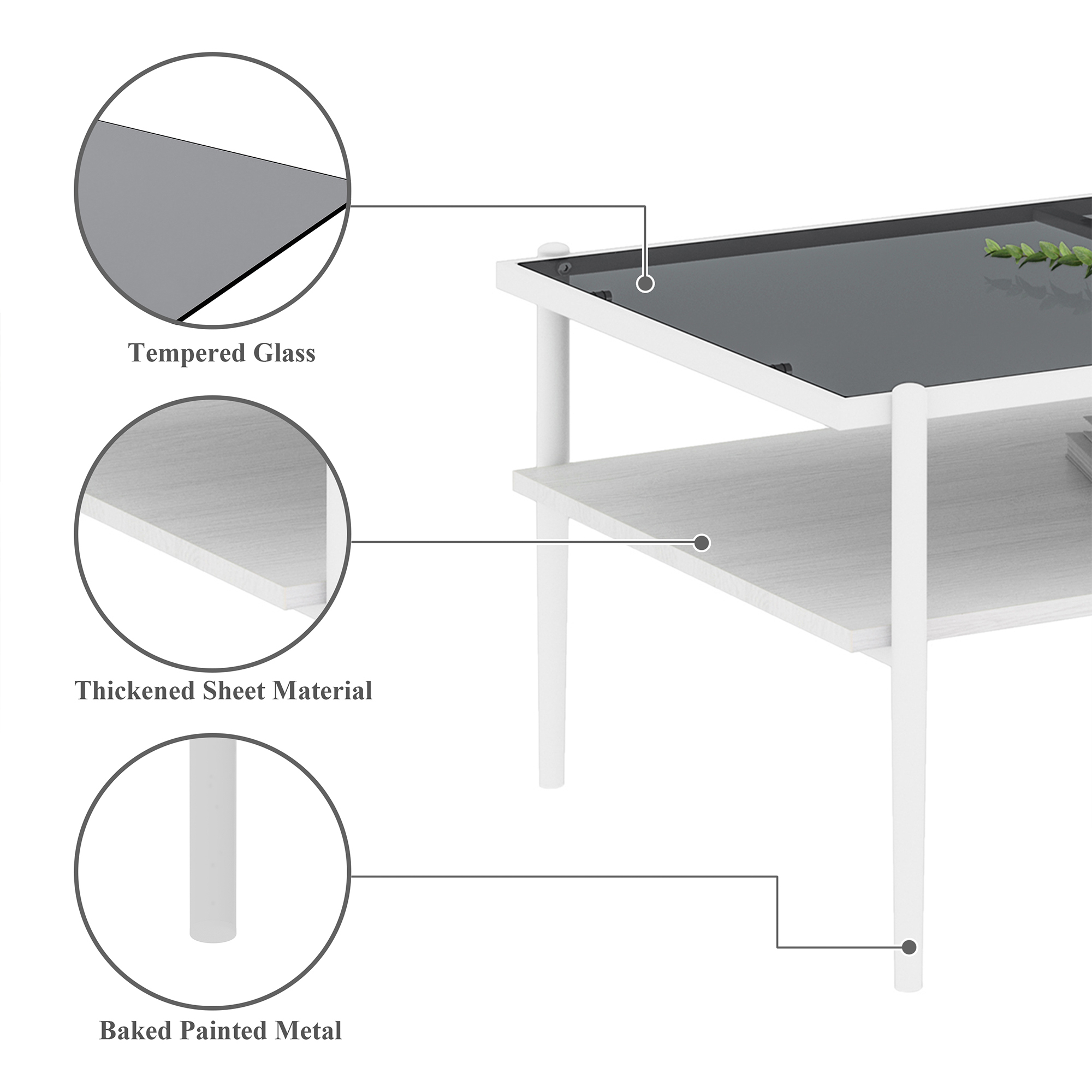 Anmytek Rectangle Coffee Table Gray Tempered Glass Top White Legs Modern Center Table for Living Room Home Furniture