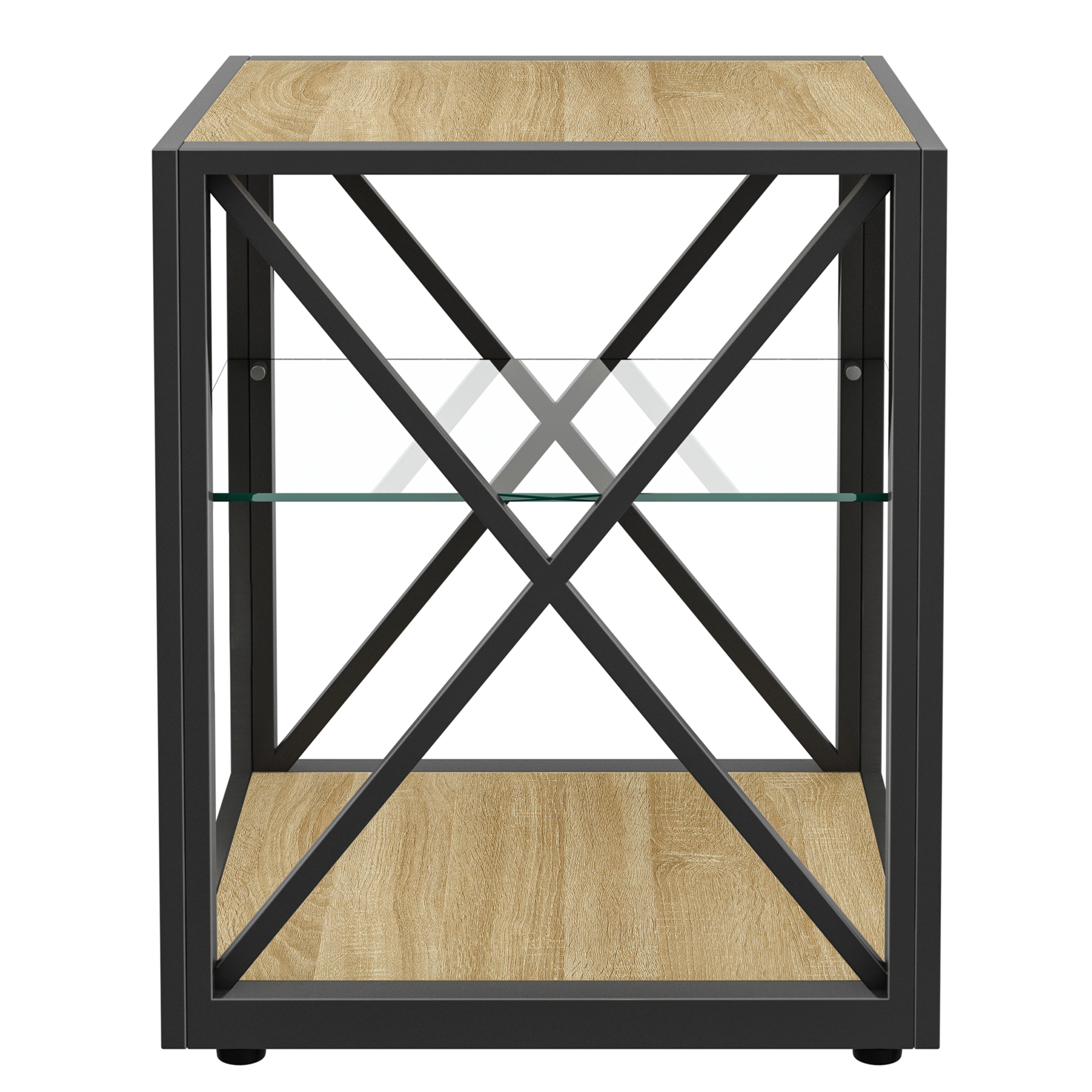 Anmytek Modern Industrial End Table Nightstand Tempered Glass Natural Wood MDF Top Side Table for Bedroom Living Room Home Furniture
