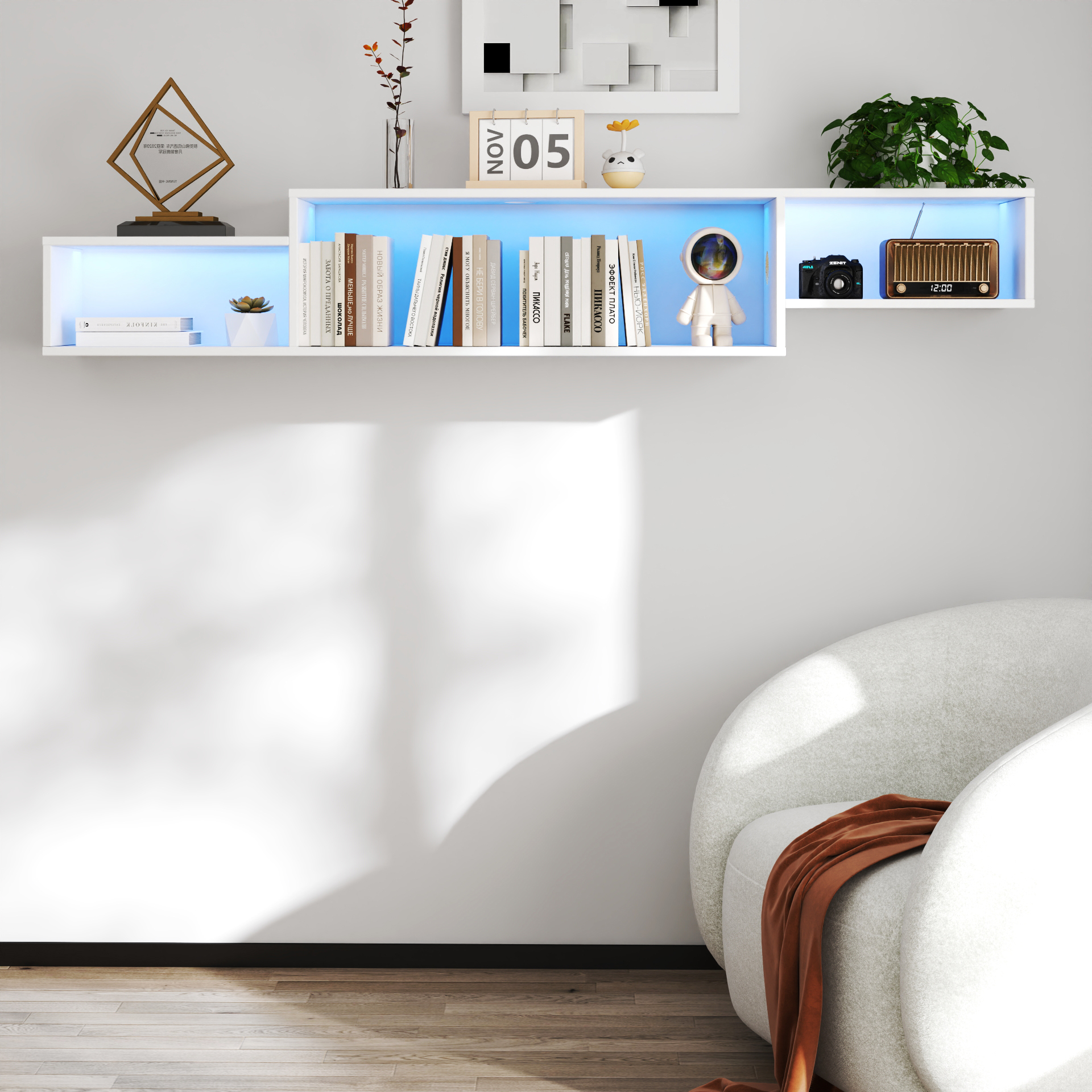 Anmytek 65.35in Wall Mounted Floating TV Stand 20 Color LED Lights Charging Station for Media Storage Entertainment Center