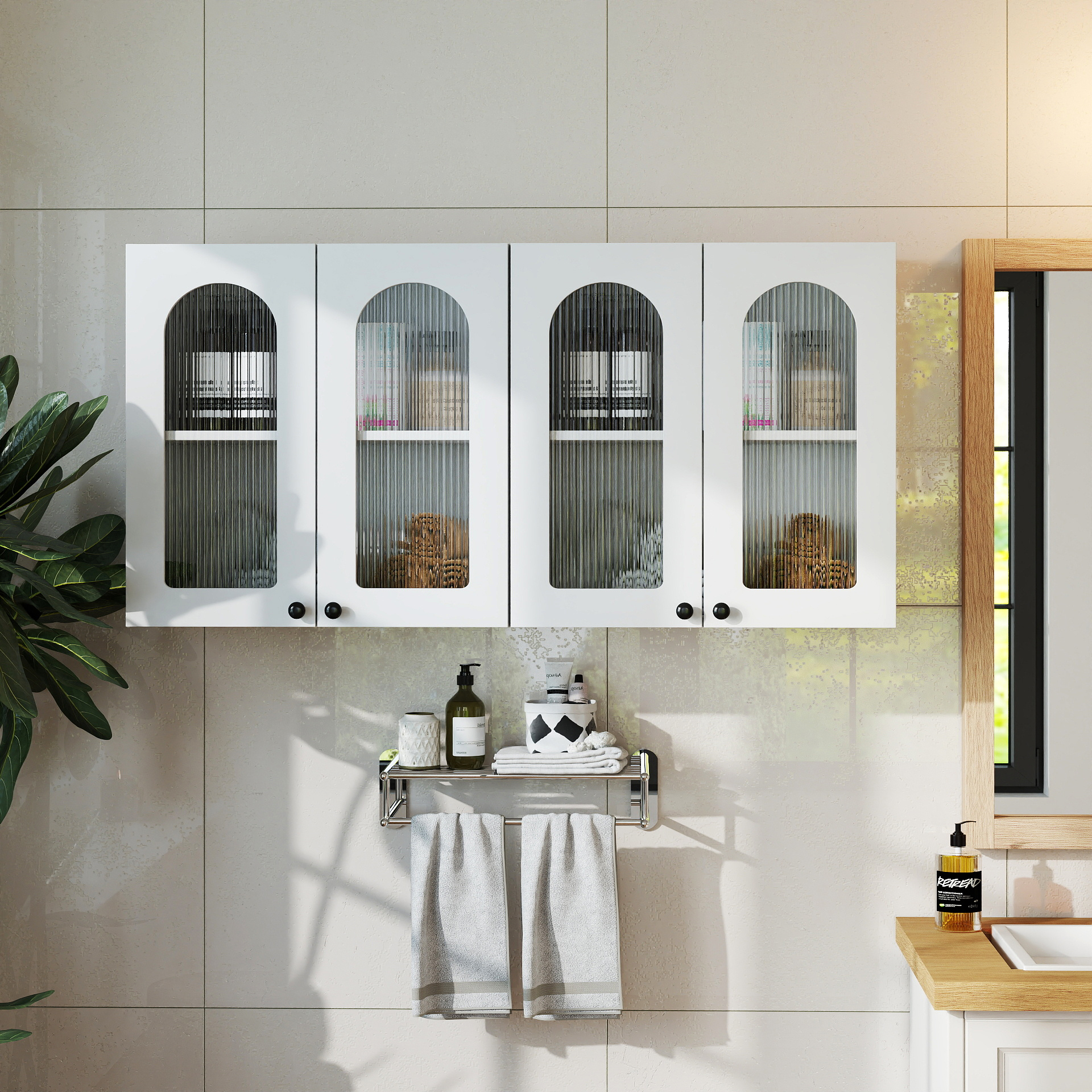 Anmytek Wall Mounted Floating Cabinet Arched Glass Door Display Cabinet Adjustable Shelves for Kitchen Bathroom Living Room Home Storage Furniture
