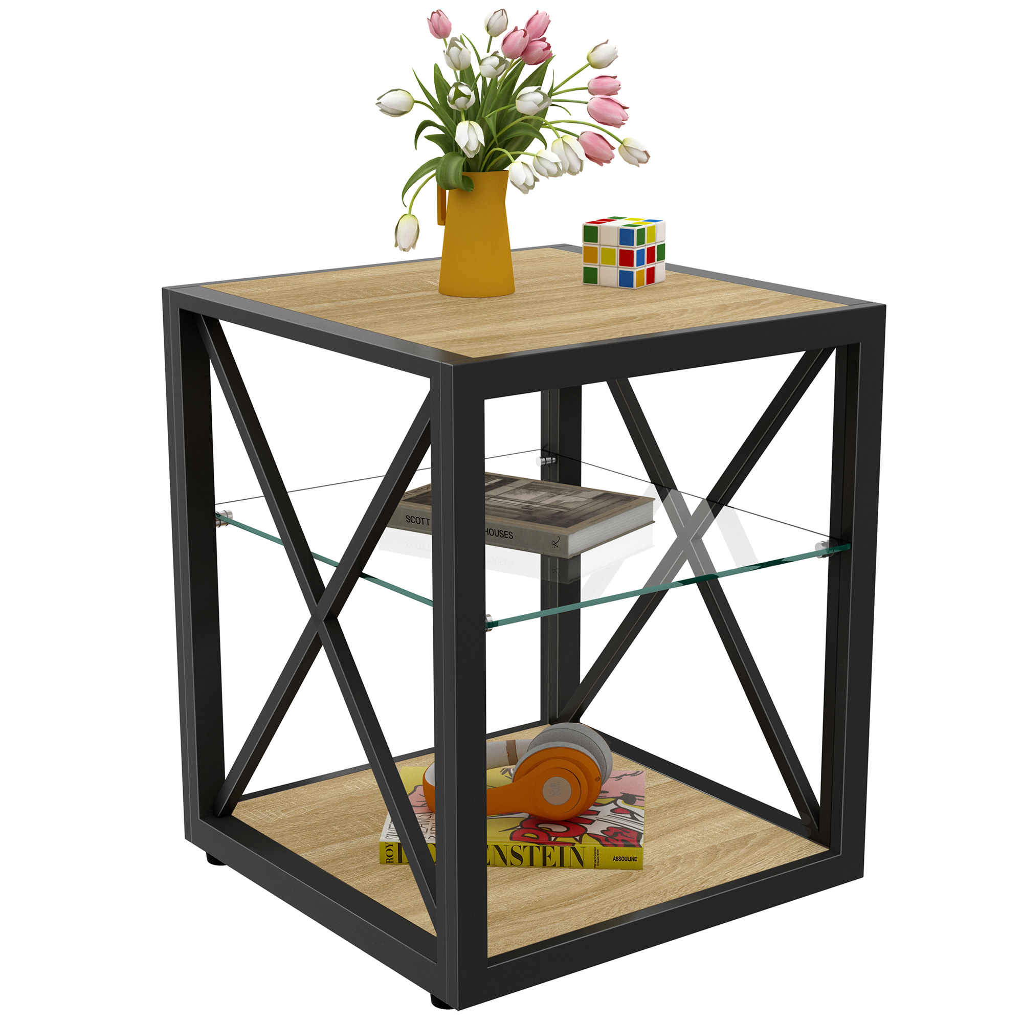 Anmytek Modern Industrial End Table Nightstand Tempered Glass Natural Wood MDF Top Side Table for Bedroom Living Room Home Furniture
