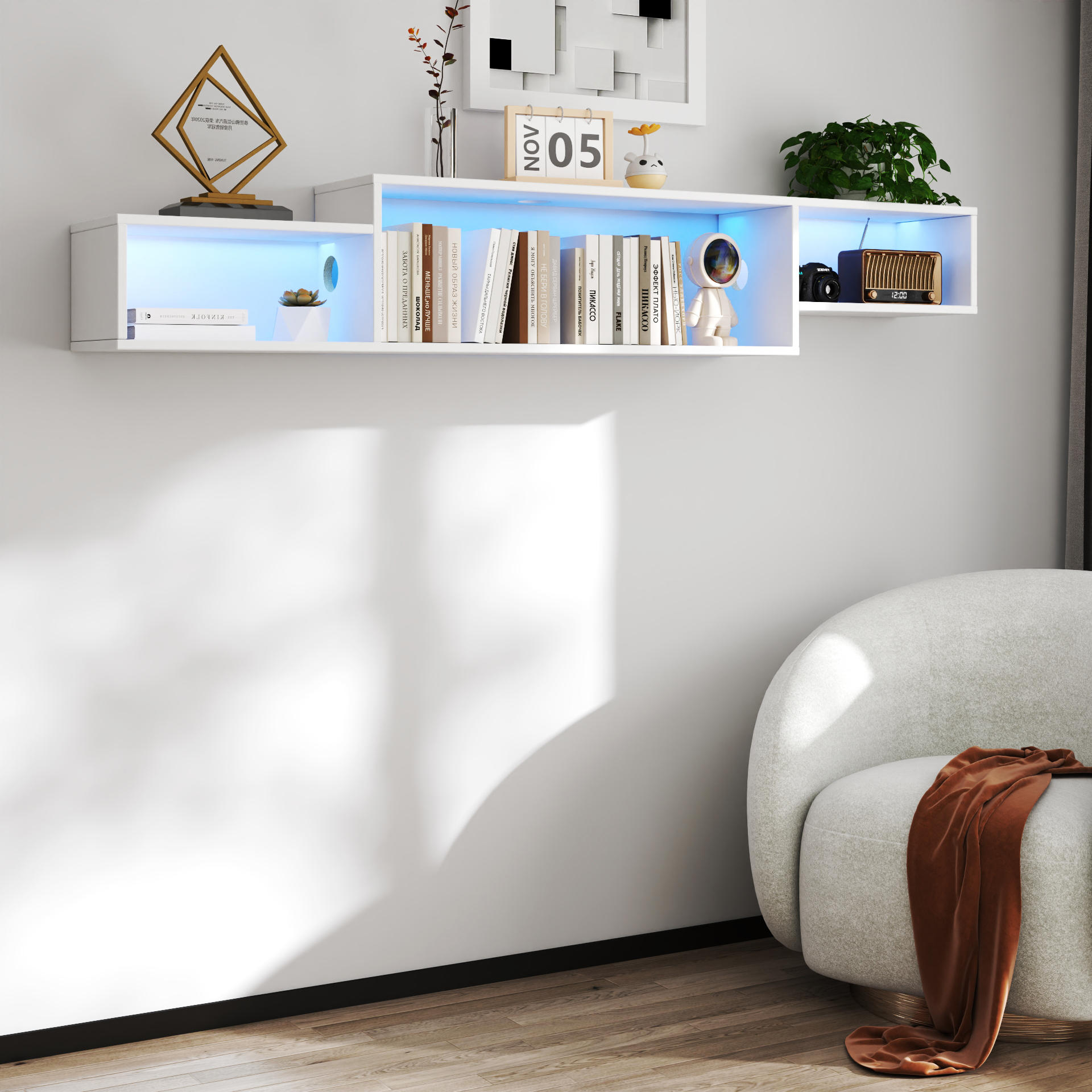 Anmytek 65.35in Wall Mounted Floating TV Stand 20 Color LED Lights Charging Station for Media Storage Entertainment Center