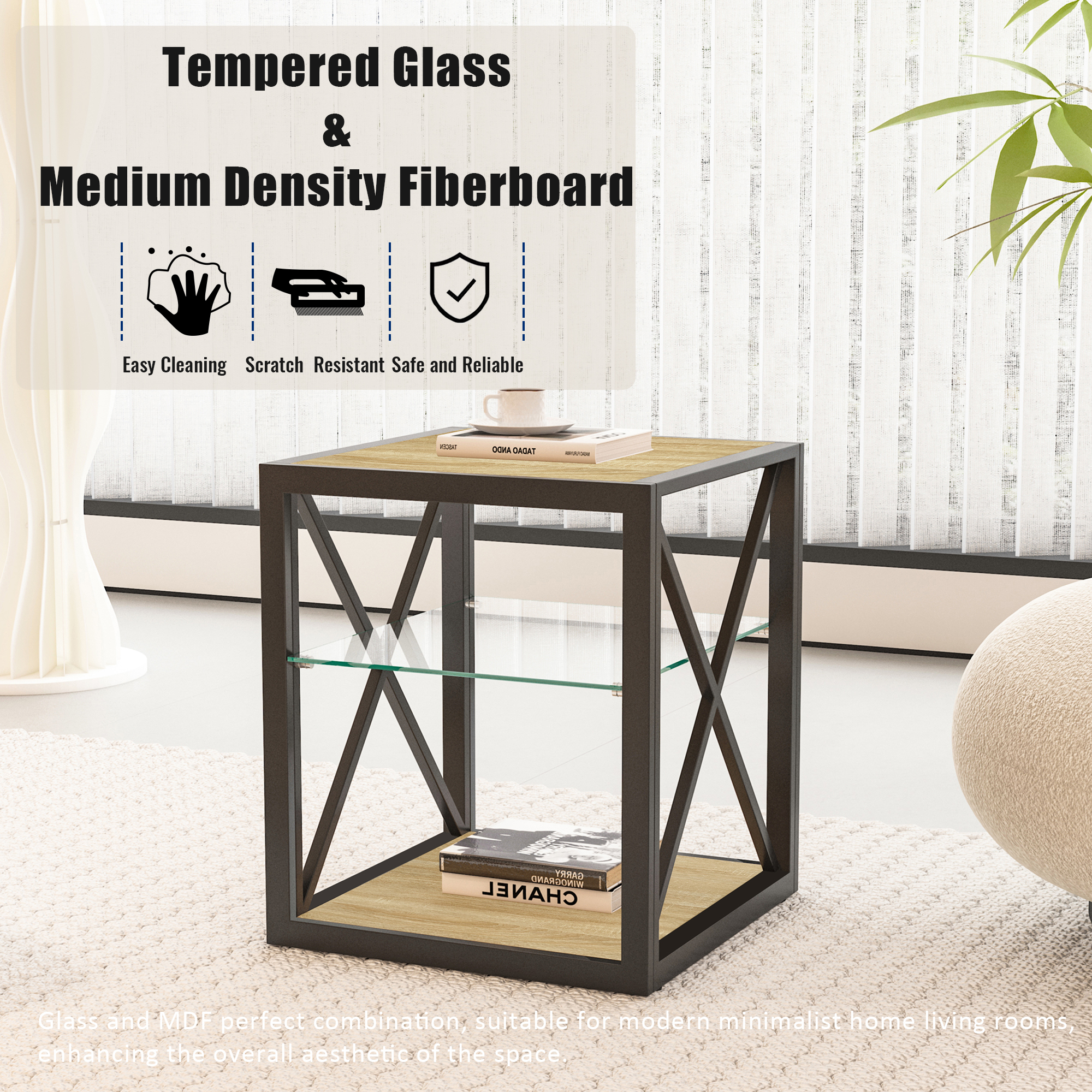 Anmytek Modern Industrial End Table Nightstand Tempered Glass Natural Wood MDF Top Side Table for Bedroom Living Room Home Furniture