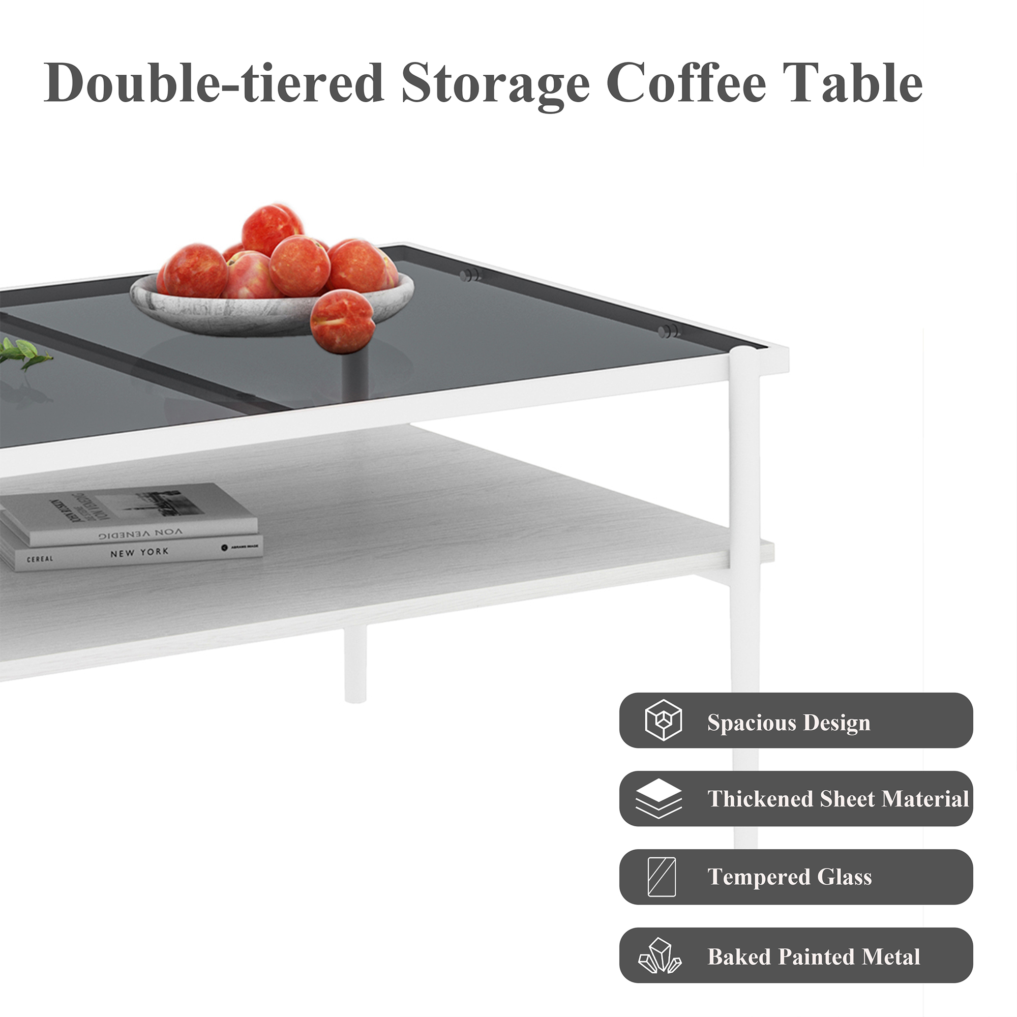 Anmytek Rectangle Coffee Table Gray Tempered Glass Top White Legs Modern Center Table for Living Room Home Furniture