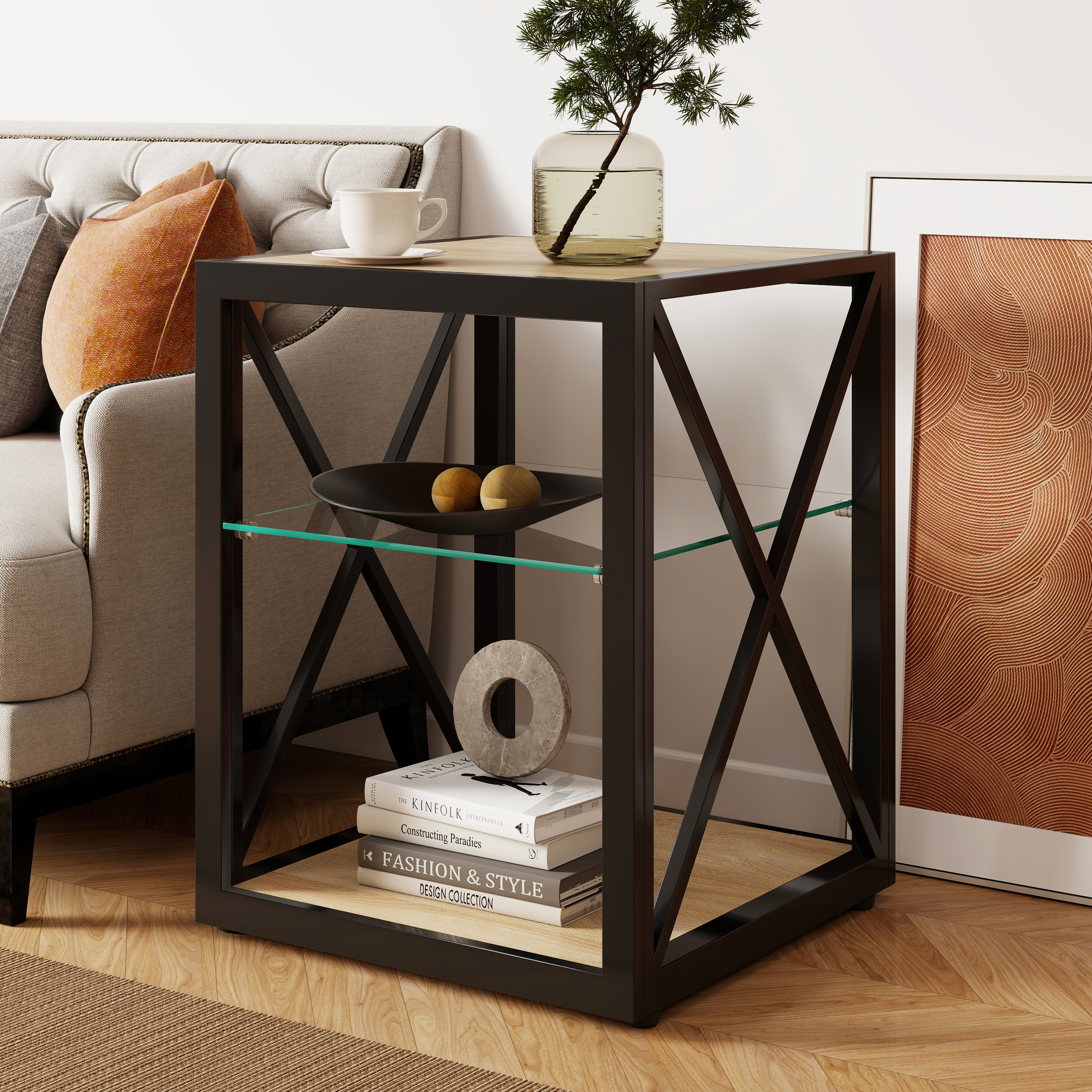 Anmytek Modern Industrial End Table Nightstand Tempered Glass Natural Wood MDF Top Side Table for Bedroom Living Room Home Furniture