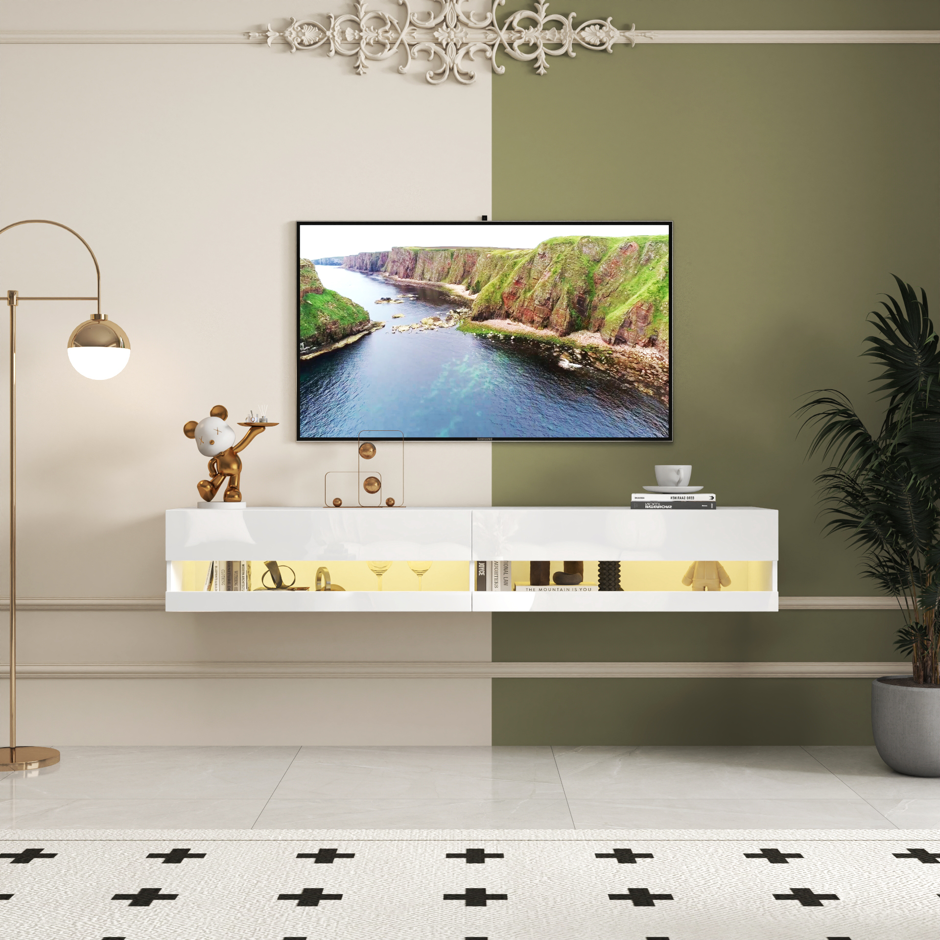 Anmytek 80in Wall Mounted Floating TV Stand 20 Color LED Lights Charging Station Media Entertainment Center