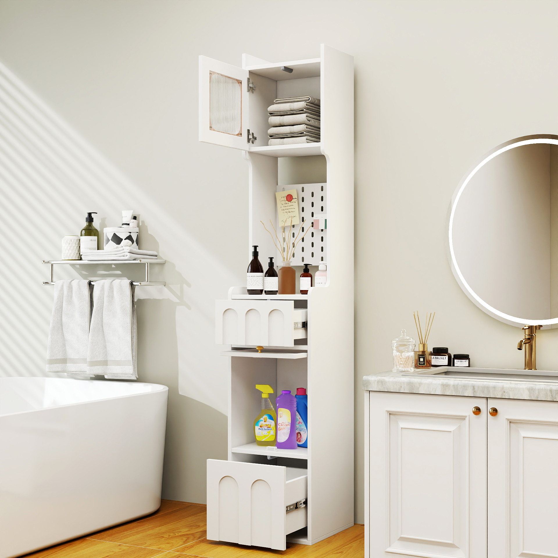 Anmytek 70.87in Tall Bathroom Storage Cabinet 1 Door 2 Drawers Narrow Floor Storage Unit for Bathroom Living Room Entryway Kitchen