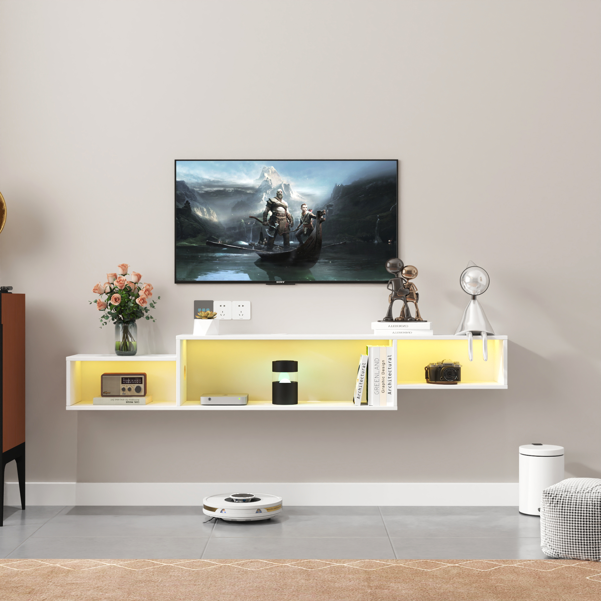 Anmytek 65.35in Wall Mounted Floating TV Stand 20 Color LED Lights Charging Station for Media Storage Entertainment Center