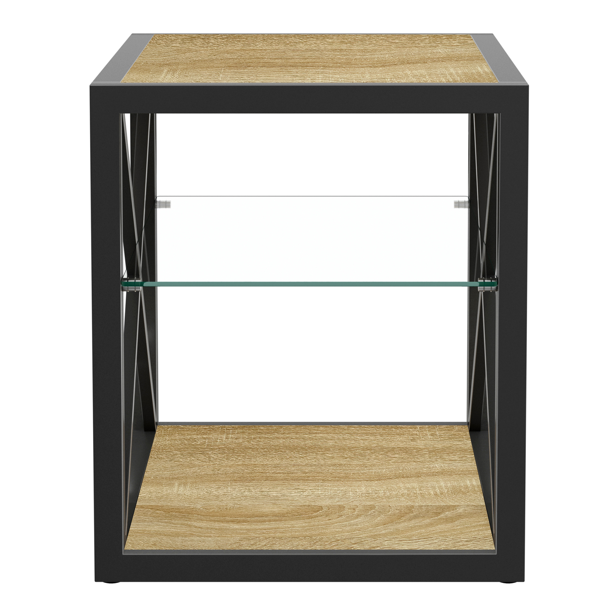 Anmytek Modern Industrial End Table Nightstand Tempered Glass Natural Wood MDF Top Side Table for Bedroom Living Room Home Furniture