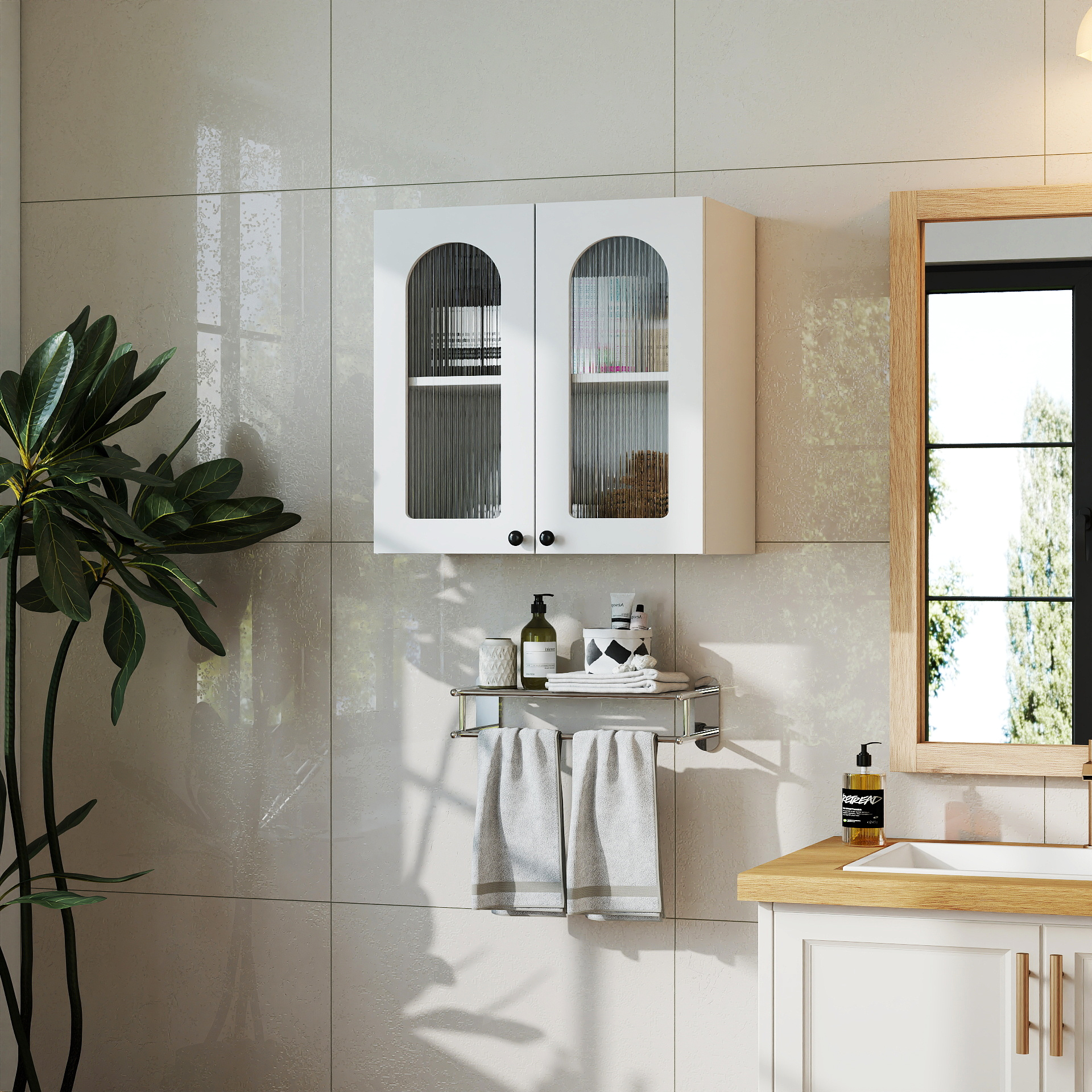 Anmytek Wall Mounted Floating Cabinet Arched Glass Door Display Cabinet Adjustable Shelves for Kitchen Bathroom Living Room Home Storage Furniture