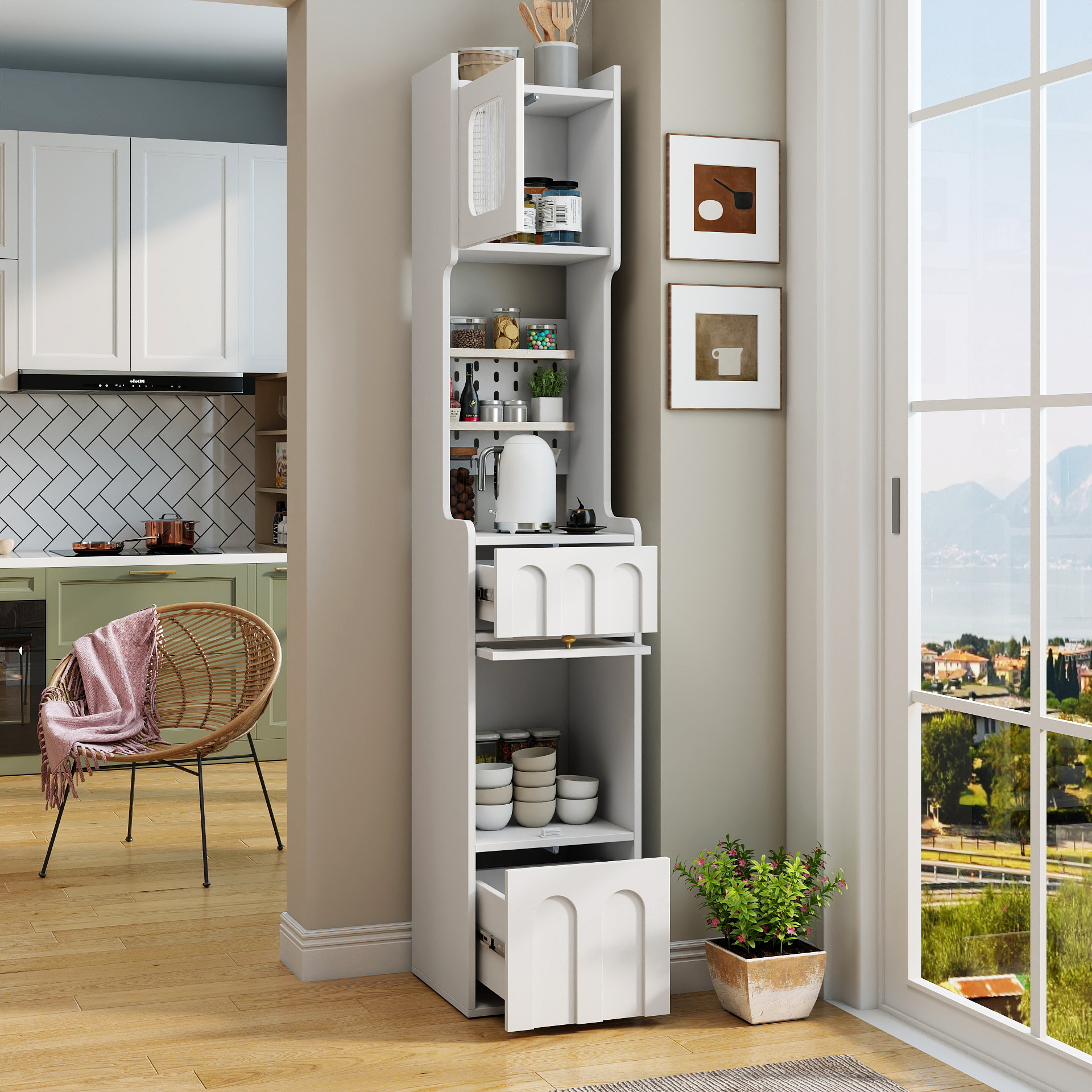 Anmytek 70.87in Tall Bathroom Storage Cabinet 1 Door 2 Drawers Narrow Floor Storage Unit for Bathroom Living Room Entryway Kitchen