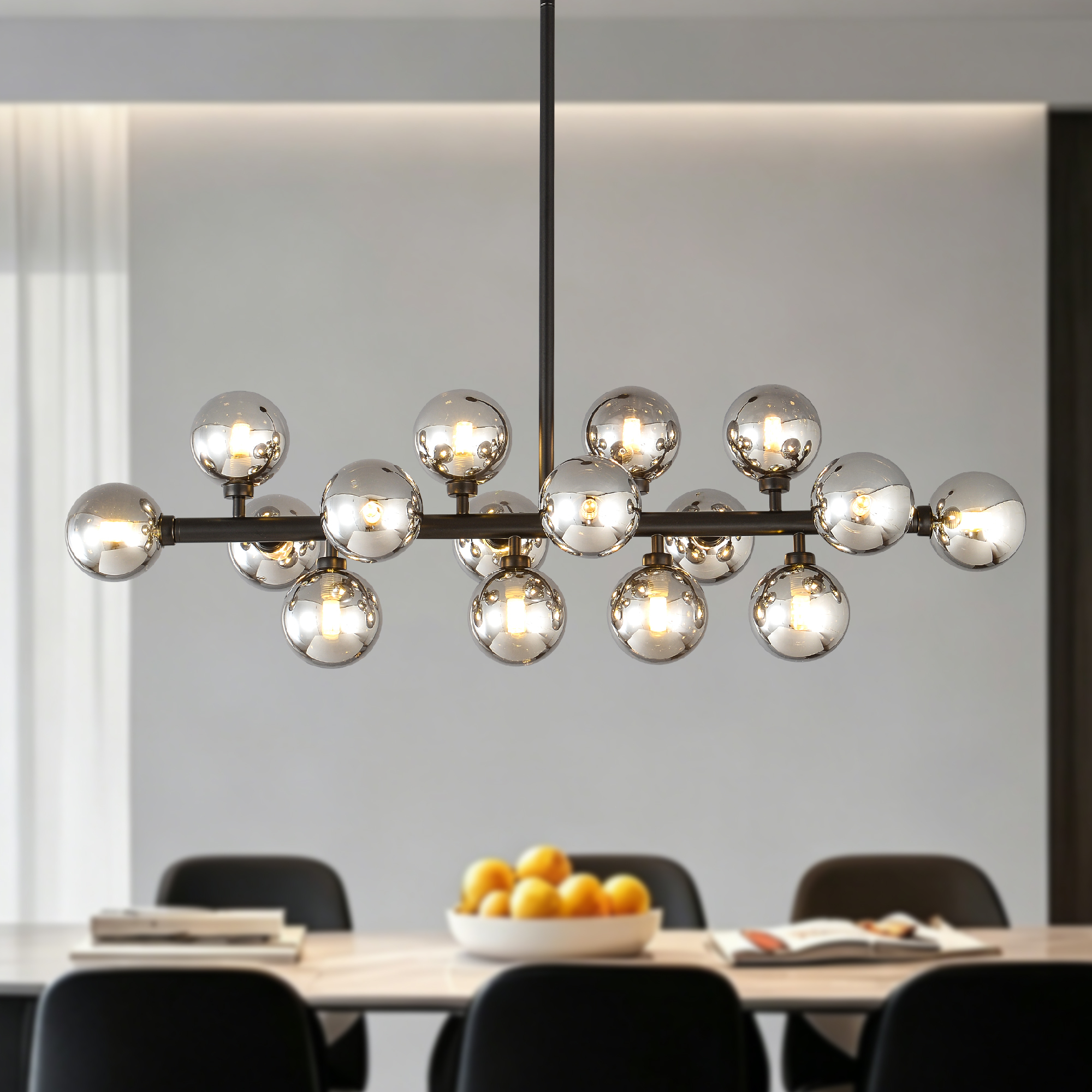 Anmytek 16 Light Modern Farmhouse Pendant Light Matte Black Smoke Grey Glass Shade Ceiling Hanging Fixture for Dining Room Kitchen Island Bulbs Not Included