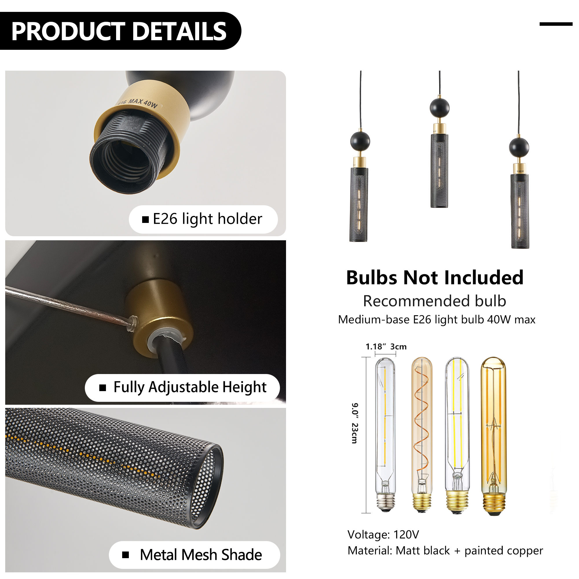 Anmytek 3 Light Modern Black and Gold Pendant Chandelier Adjustable Hanging Light with Cylindrical Mesh Shades E26 Base for Dining Room Kitchen Island Living Room Bulbs Not Included