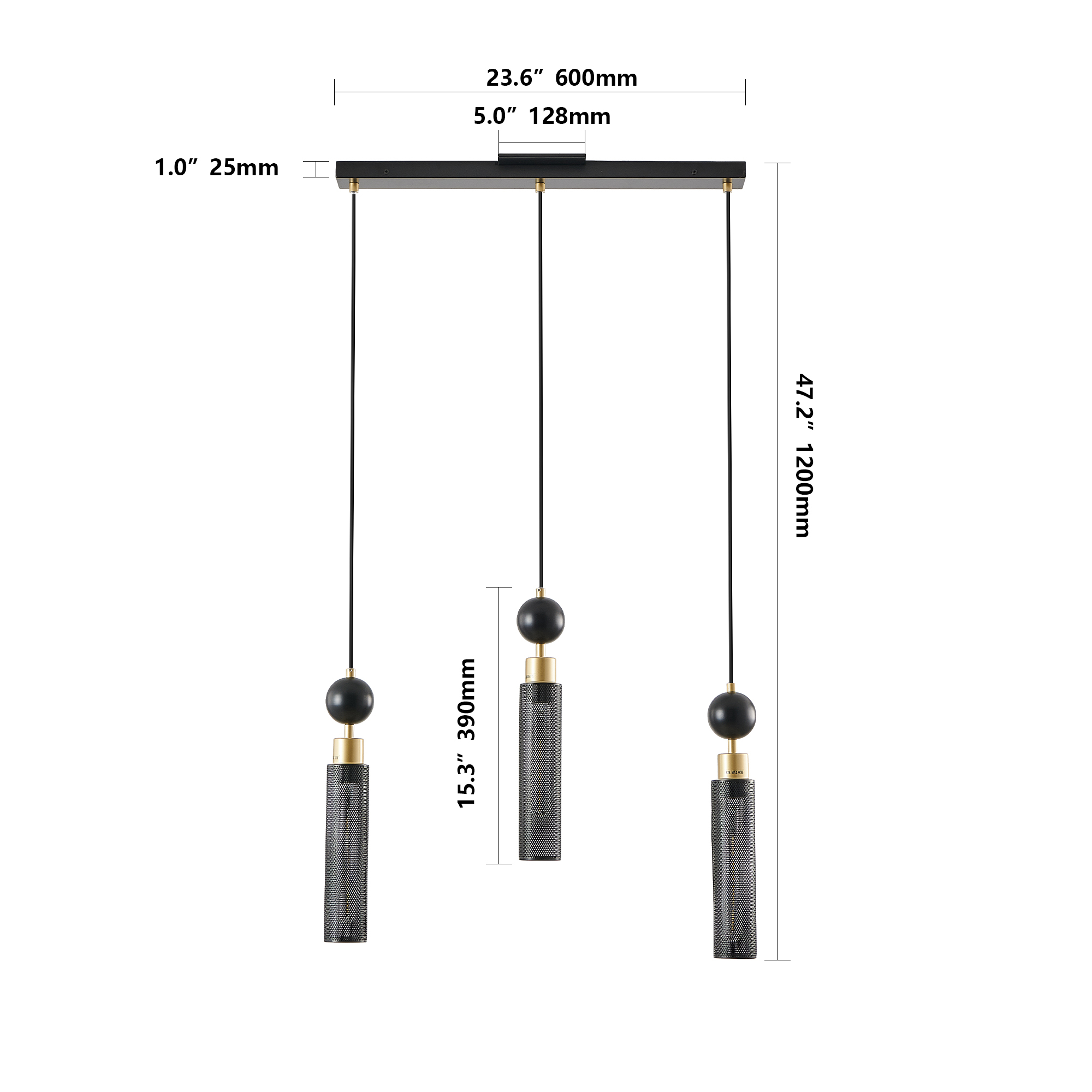 Anmytek 3 Light Modern Black and Gold Pendant Chandelier Adjustable Hanging Light with Cylindrical Mesh Shades E26 Base for Dining Room Kitchen Island Living Room Bulbs Not Included