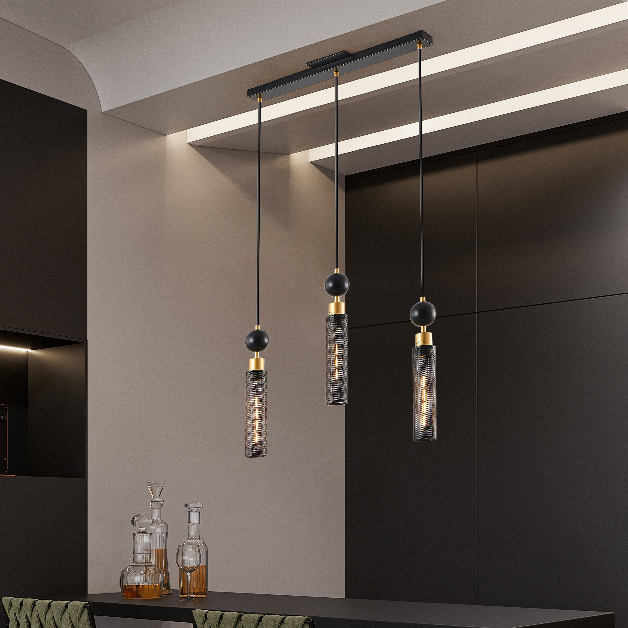 Anmytek 3 Light Modern Black and Gold Pendant Chandelier Adjustable Hanging Light with Cylindrical Mesh Shades E26 Base for Dining Room Kitchen Island Living Room Bulbs Not Included