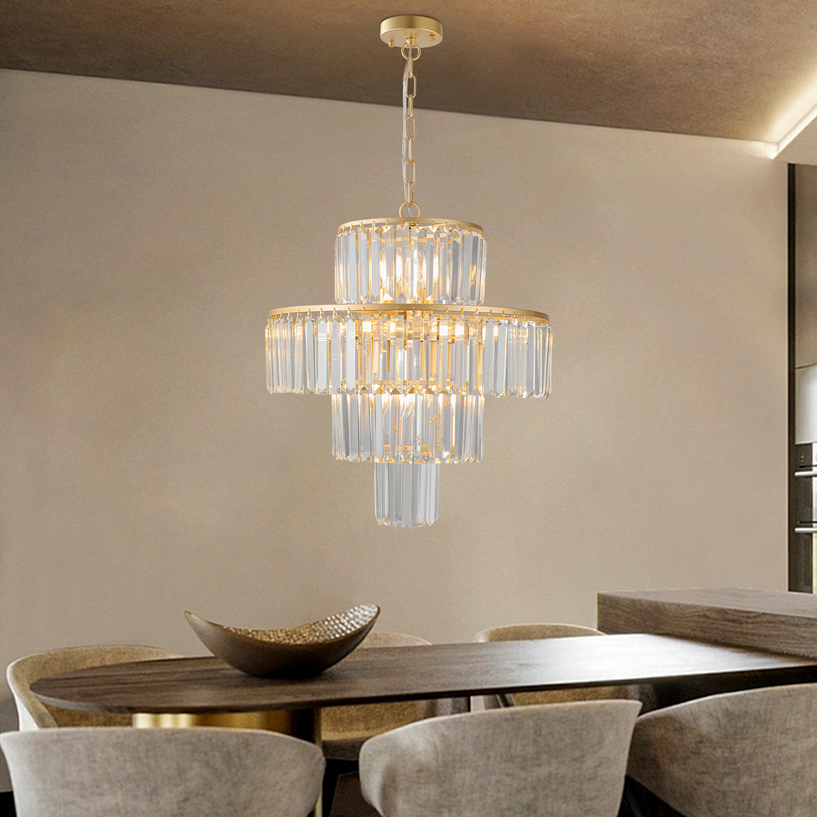 Anmytek 20 Inch 4 Tier Luxury Crystal Chandelier 12 Light Gold Frame Pendant Ceiling Light Fixture for Living Room Dining Room Bedroom Bulbs Not Included