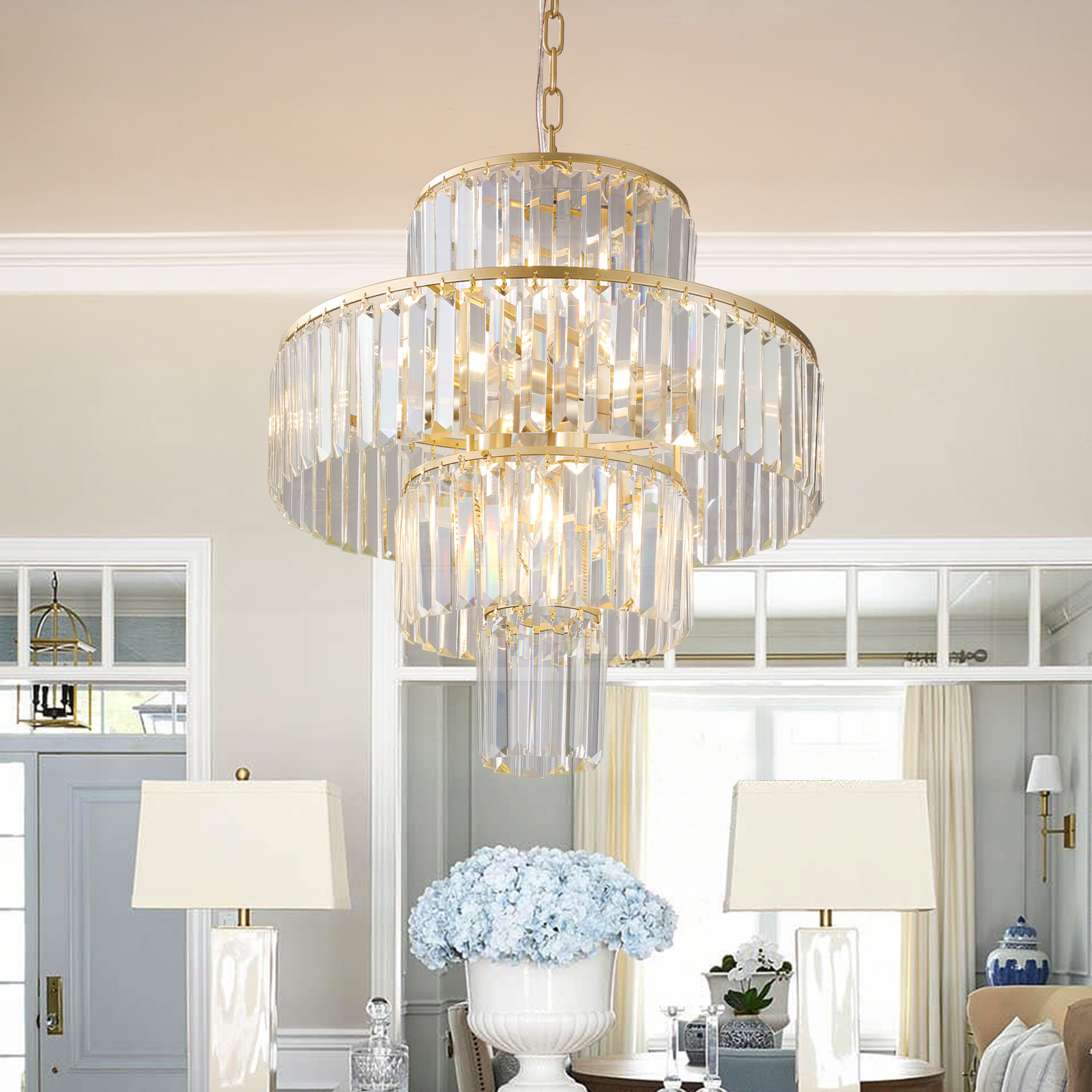 Anmytek 20 Inch 4 Tier Luxury Crystal Chandelier 12 Light Gold Frame Pendant Ceiling Light Fixture for Living Room Dining Room Bedroom Bulbs Not Included