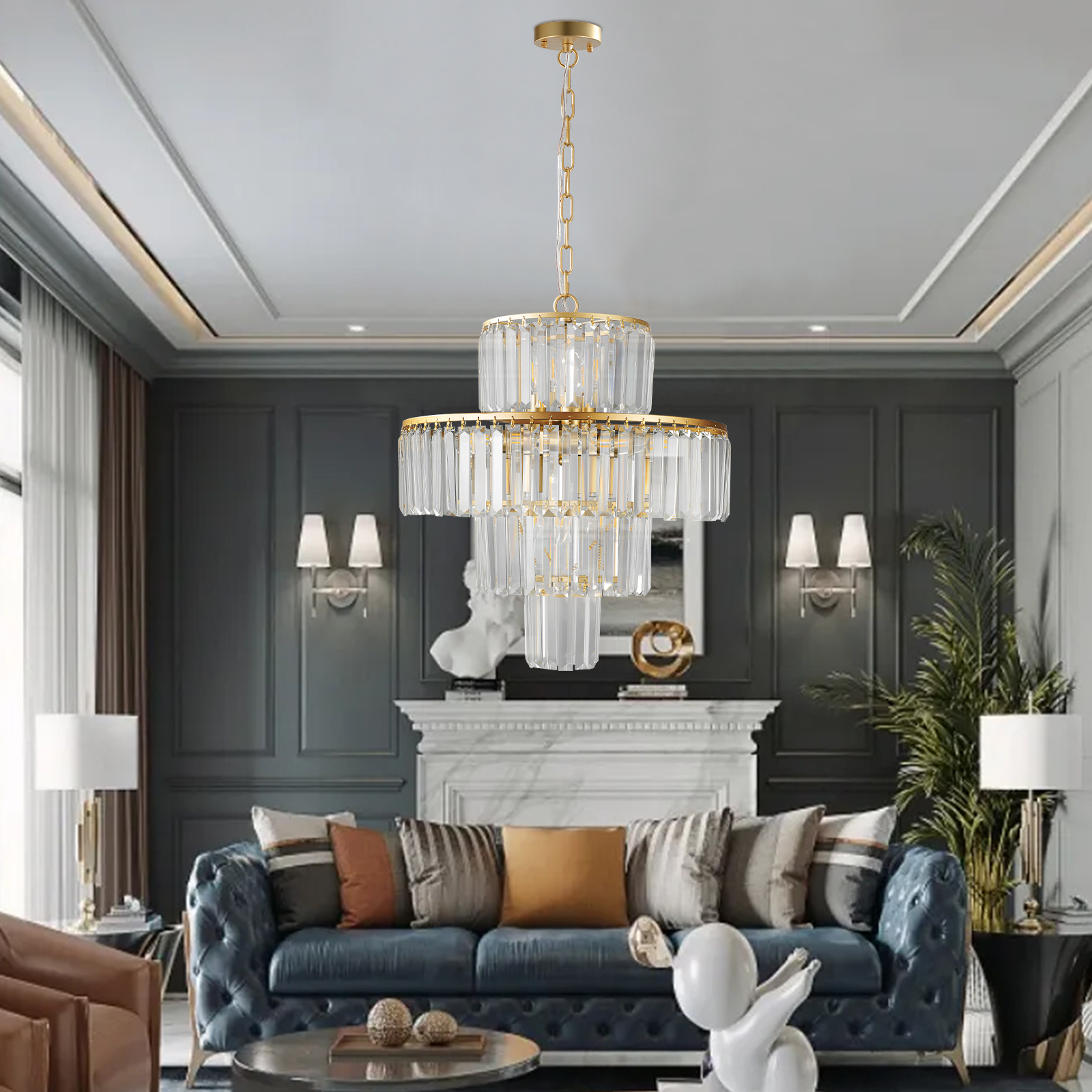 Anmytek 20 Inch 4 Tier Luxury Crystal Chandelier 12 Light Gold Frame Pendant Ceiling Light Fixture for Living Room Dining Room Bedroom Bulbs Not Included