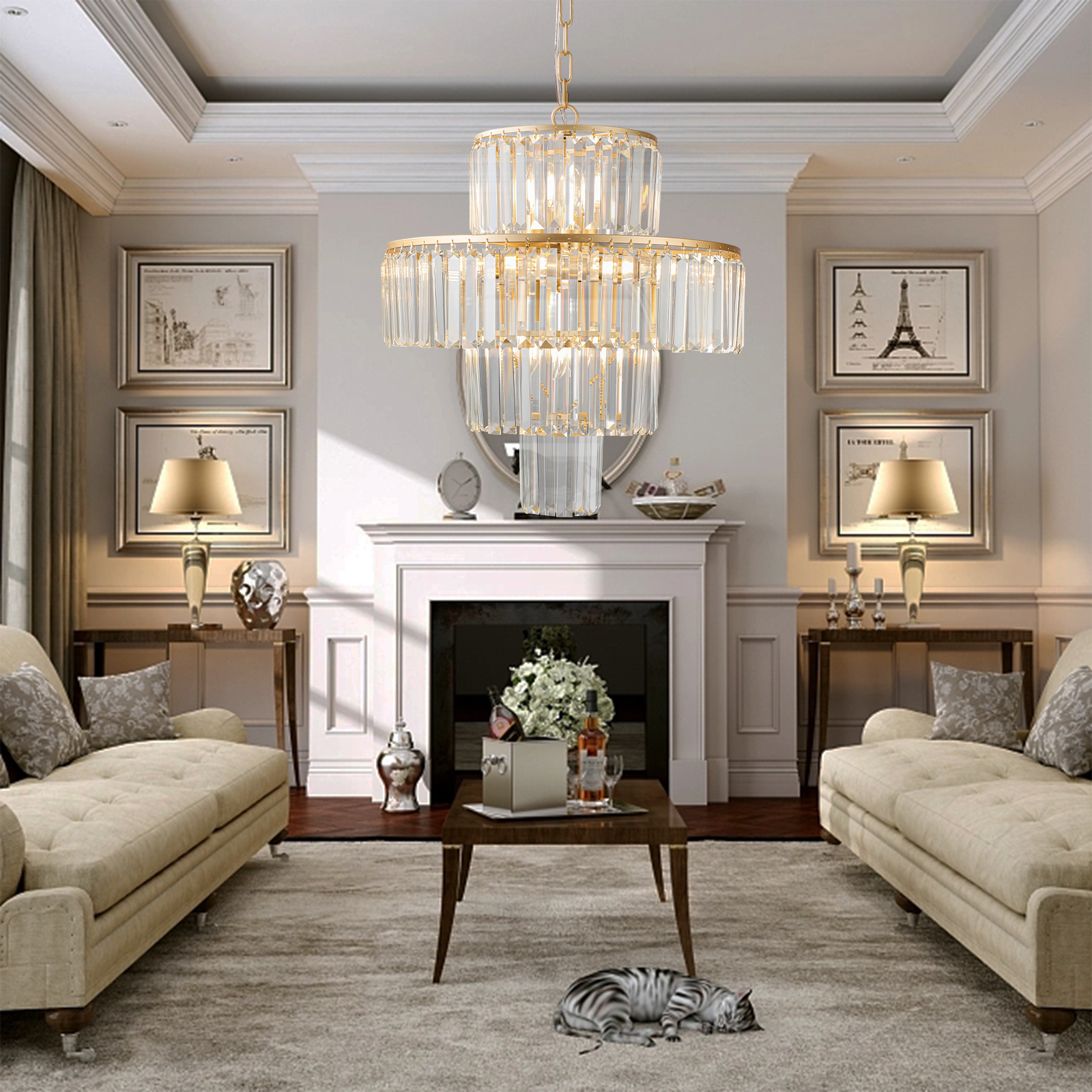 Anmytek 20 Inch 4 Tier Luxury Crystal Chandelier 12 Light Gold Frame Pendant Ceiling Light Fixture for Living Room Dining Room Bedroom Bulbs Not Included
