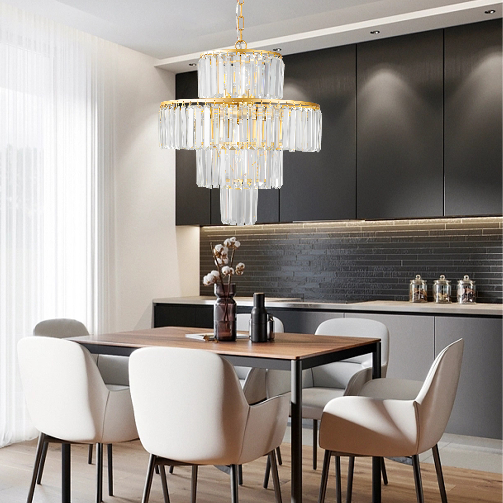 Anmytek 20 Inch 4 Tier Luxury Crystal Chandelier 12 Light Gold Frame Pendant Ceiling Light Fixture for Living Room Dining Room Bedroom Bulbs Not Included
