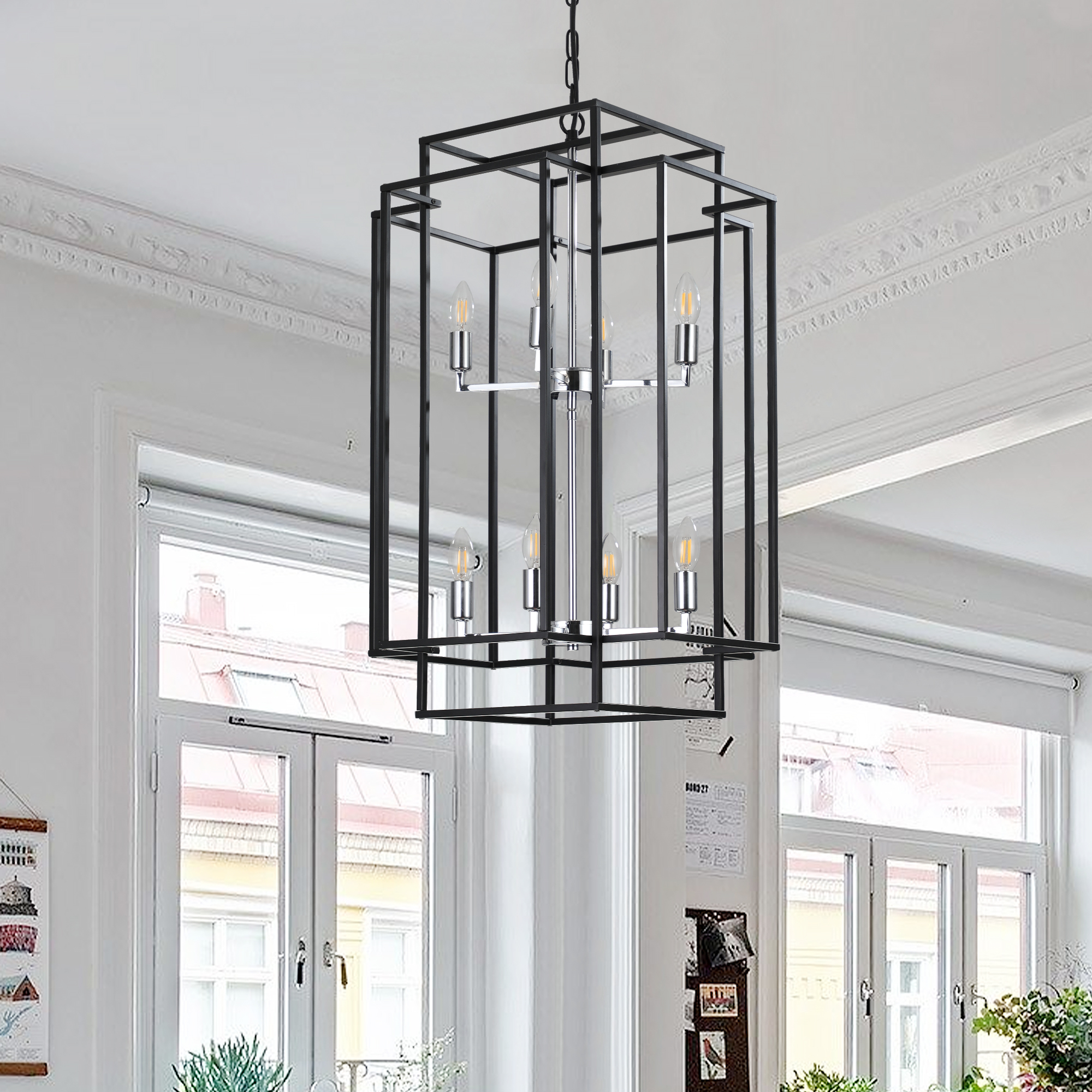 Anmytek 8 Light Modern Geometric Pendant Light Matte Black Chrome Foyer Chandelier Adjustable Height for Kitchen Island Dining Room Farmhouse Living Room High Ceilings